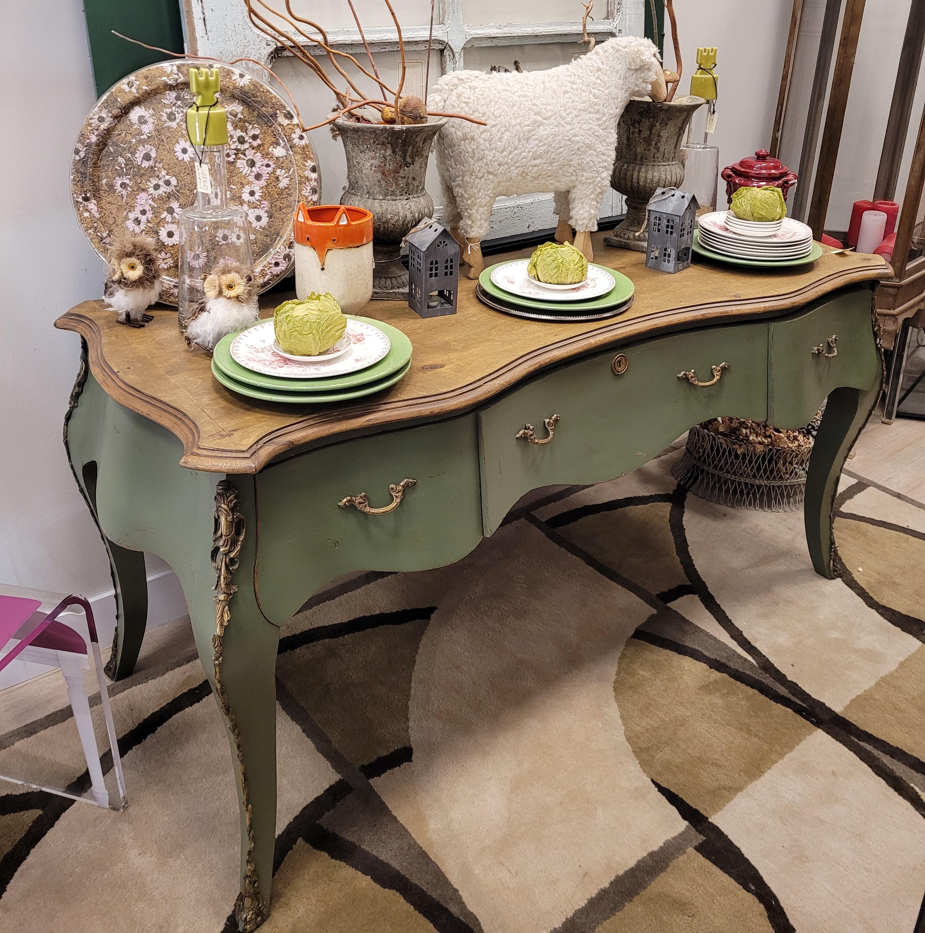 French Provincial Provençal Green Center Console  table, polychrome, 50's - 60's - France For Sale