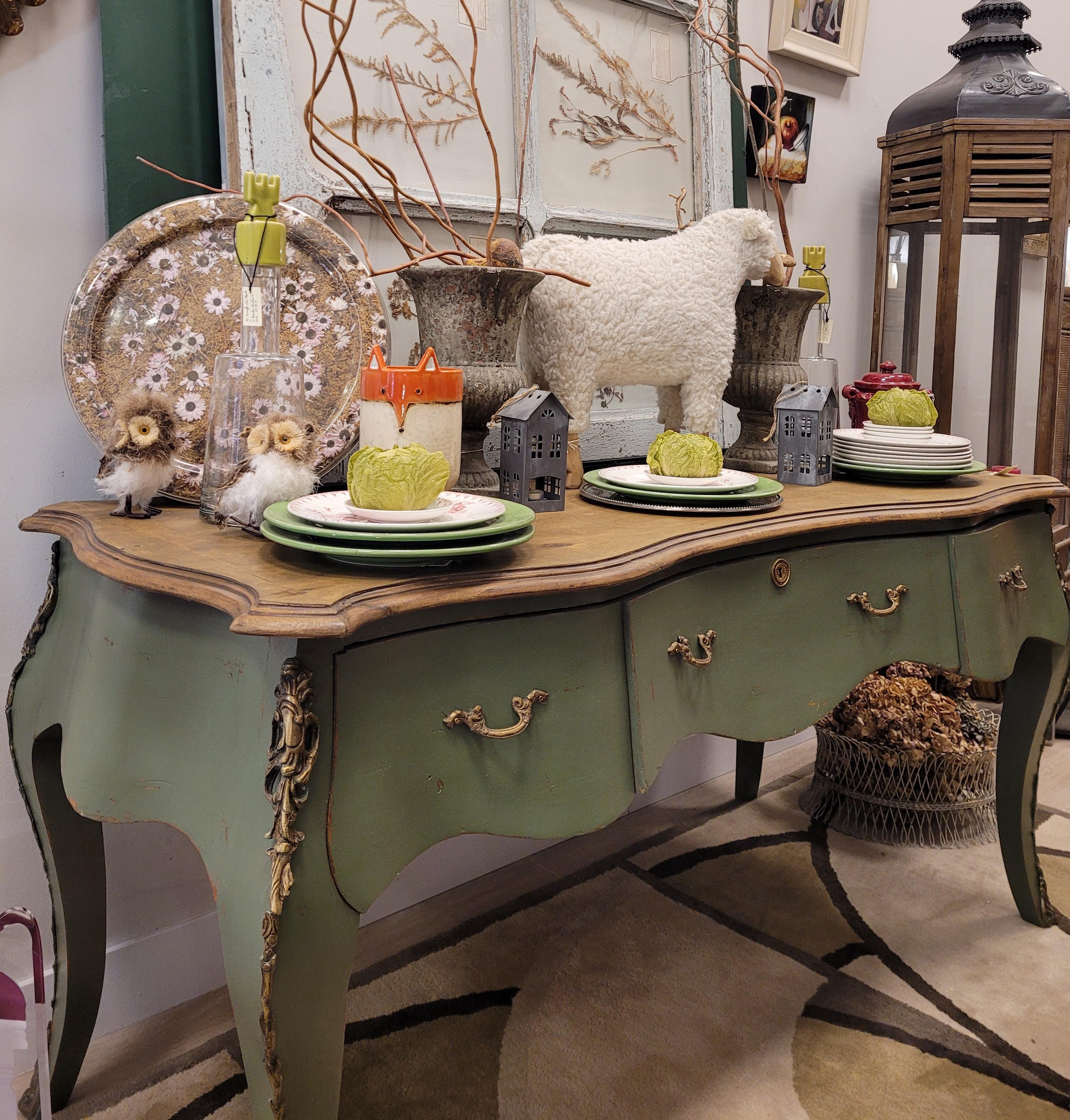 French Provençal Green Center Console  table, polychrome, 50's - 60's - France For Sale