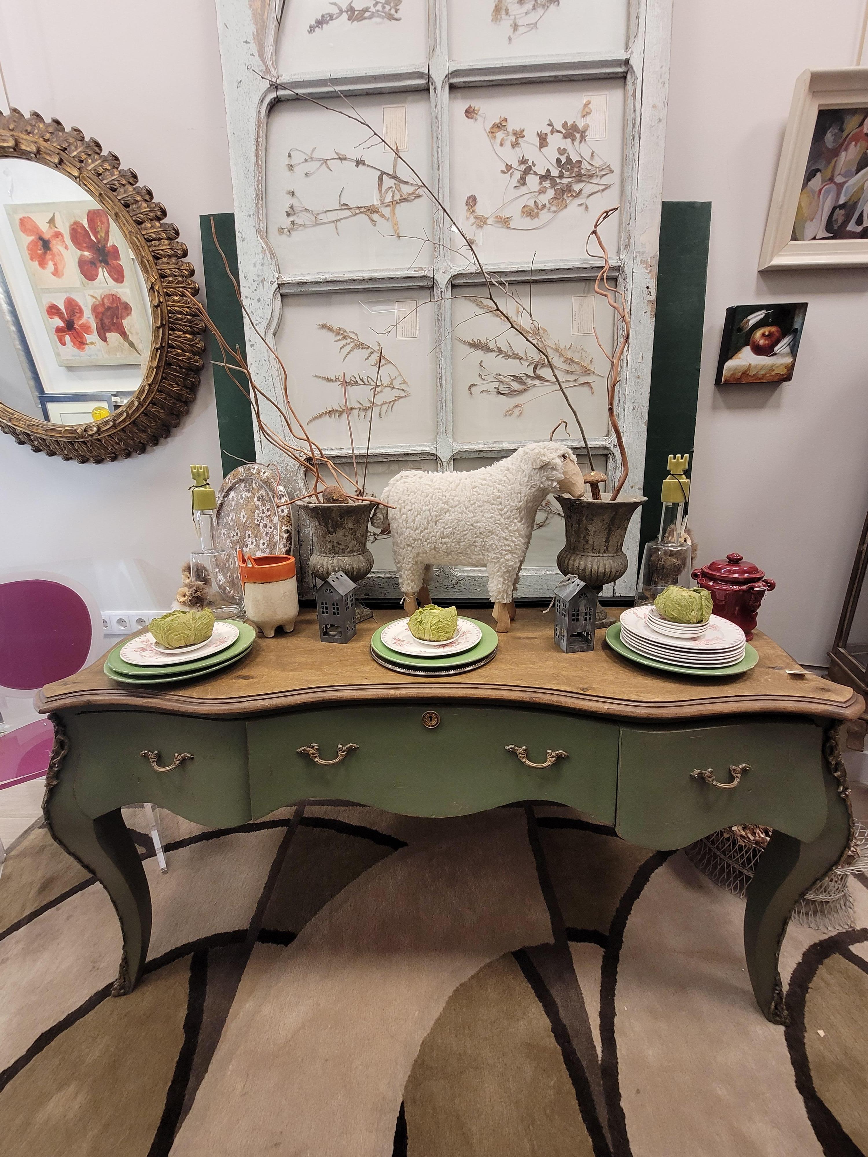 Bronze Provençal Green Center Console  table, polychrome, 50's - 60's - France For Sale