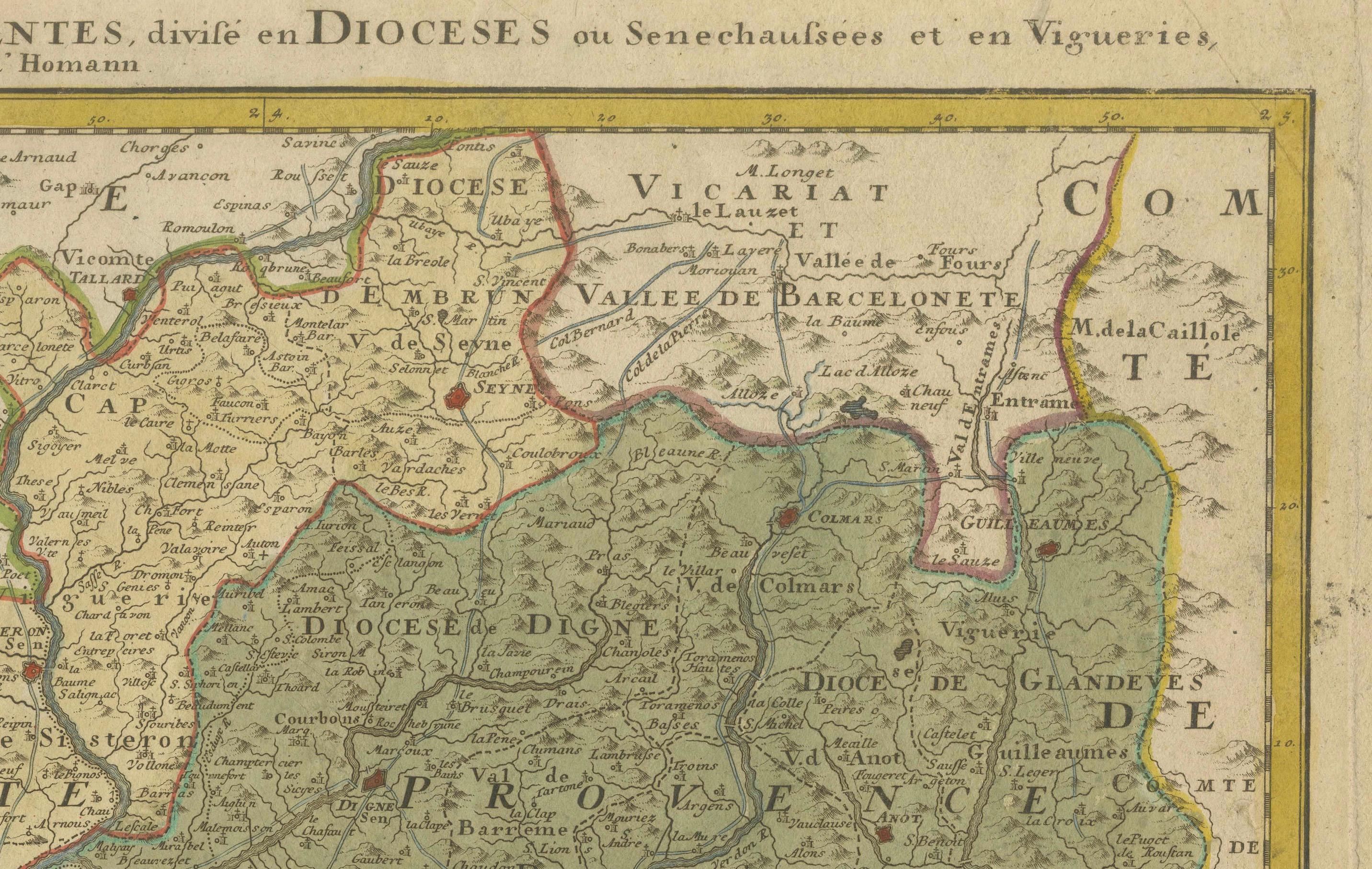 Le Comté et Gouvernement de Provence - Carta geografica antica colorata a mano di De l'Isle & Homann Heirs (c.1740)

Questa mappa del XVIII secolo, finemente colorata a mano, presenta la Contea e il Governo della Provenza, riccamente dettagliati e