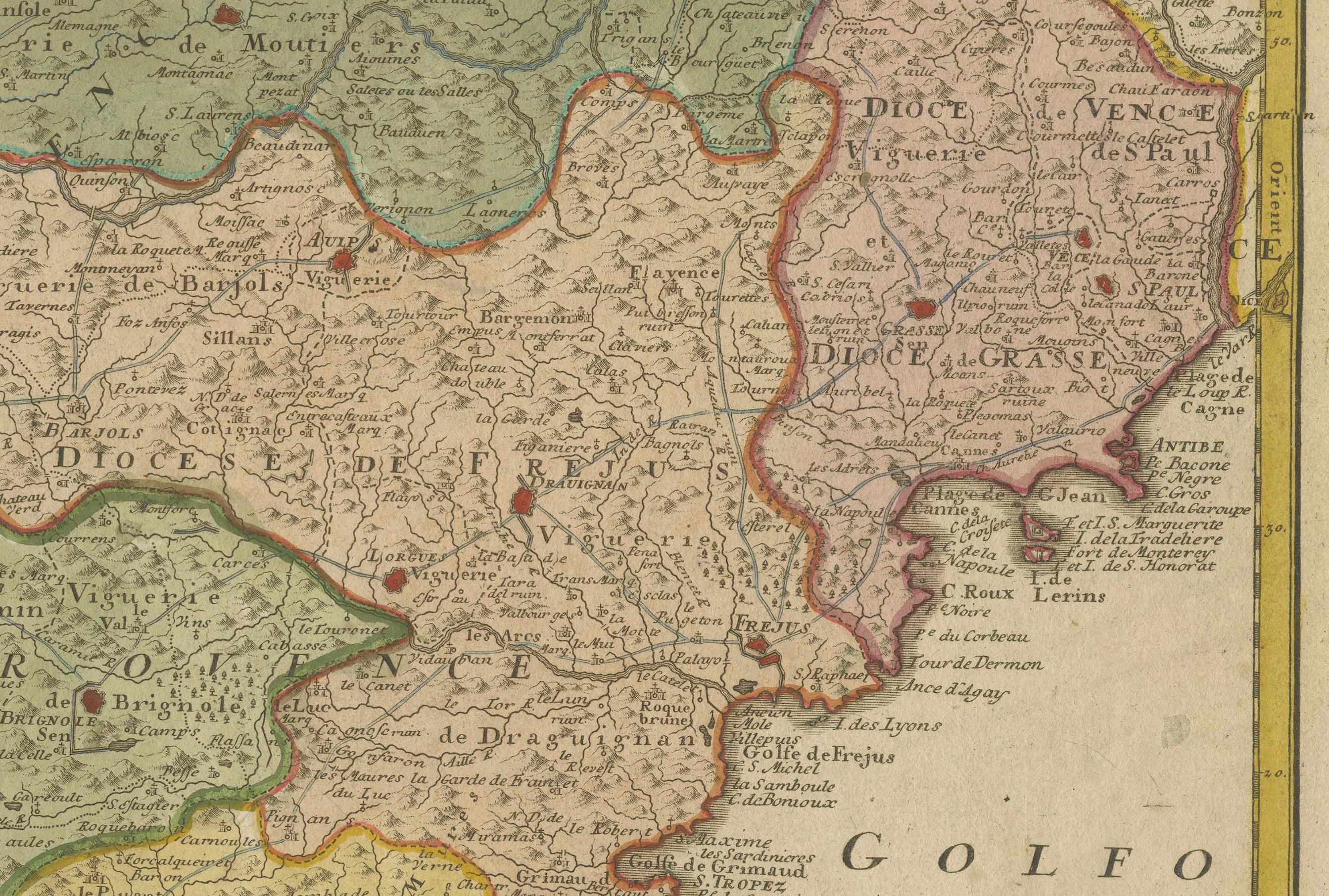 Tedesco Provenza - Mappa antica colorata a mano della regione del Southern France, 1740 ca.