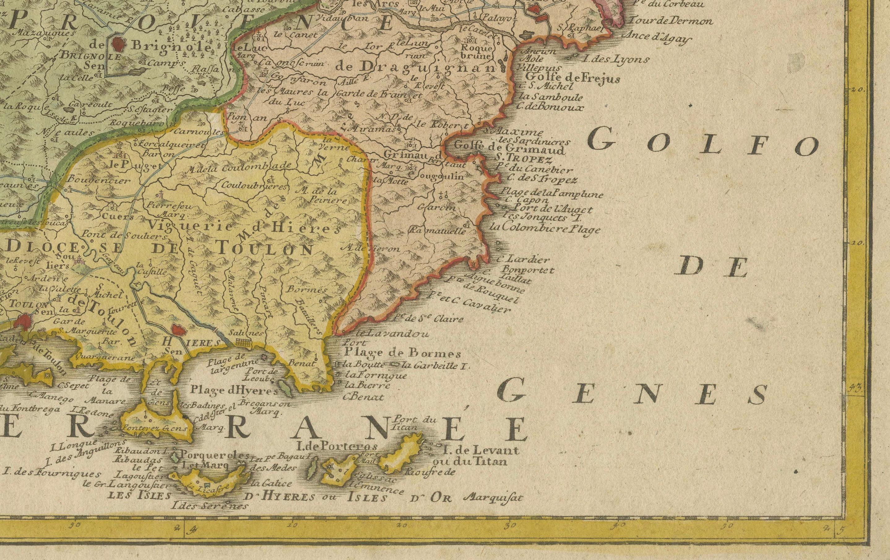 Inciso Provenza - Mappa antica colorata a mano della regione del Southern France, 1740 ca.