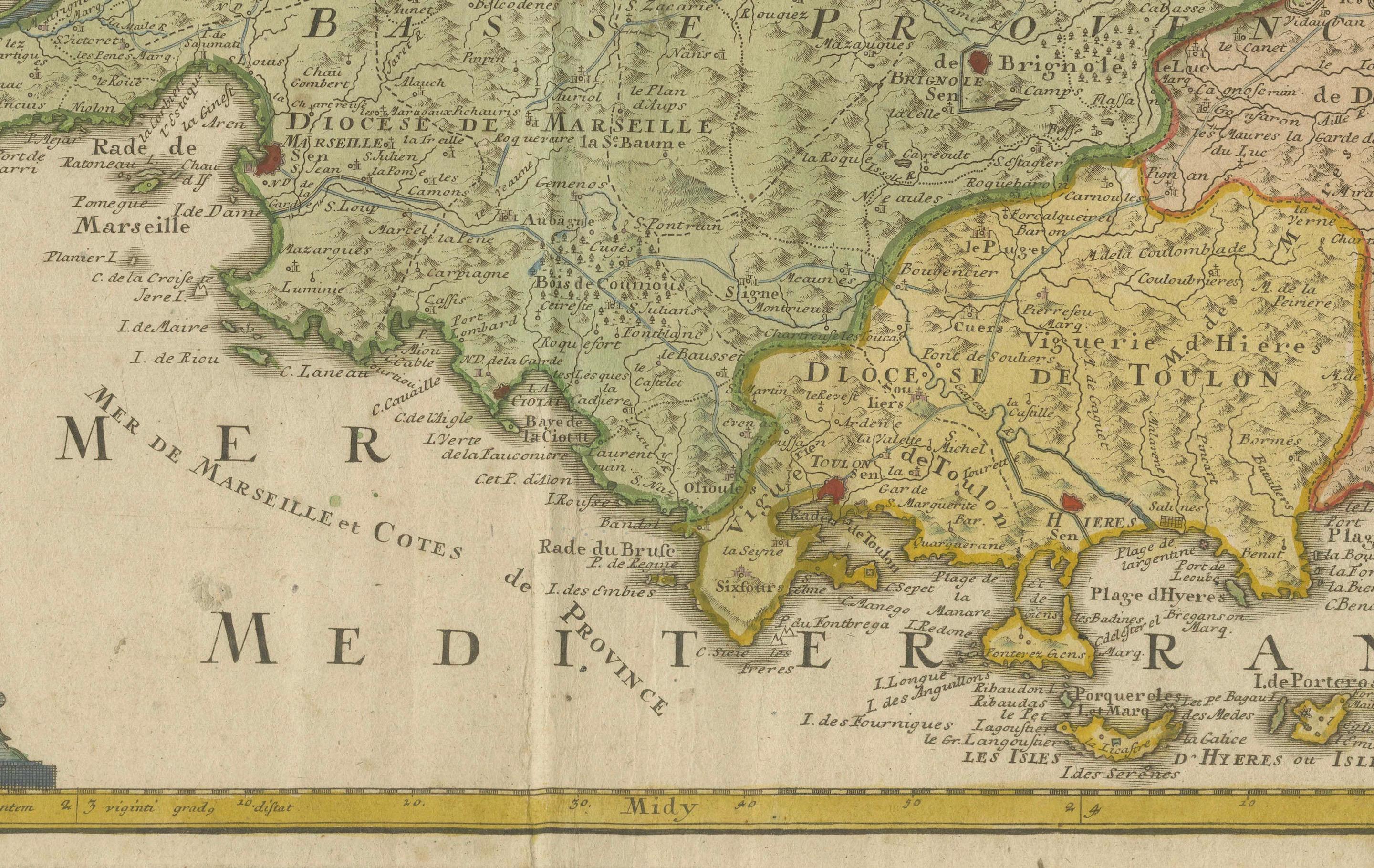 Provenza - Mappa antica colorata a mano della regione del Southern France, 1740 ca. In condizioni buone a Langweer, NL