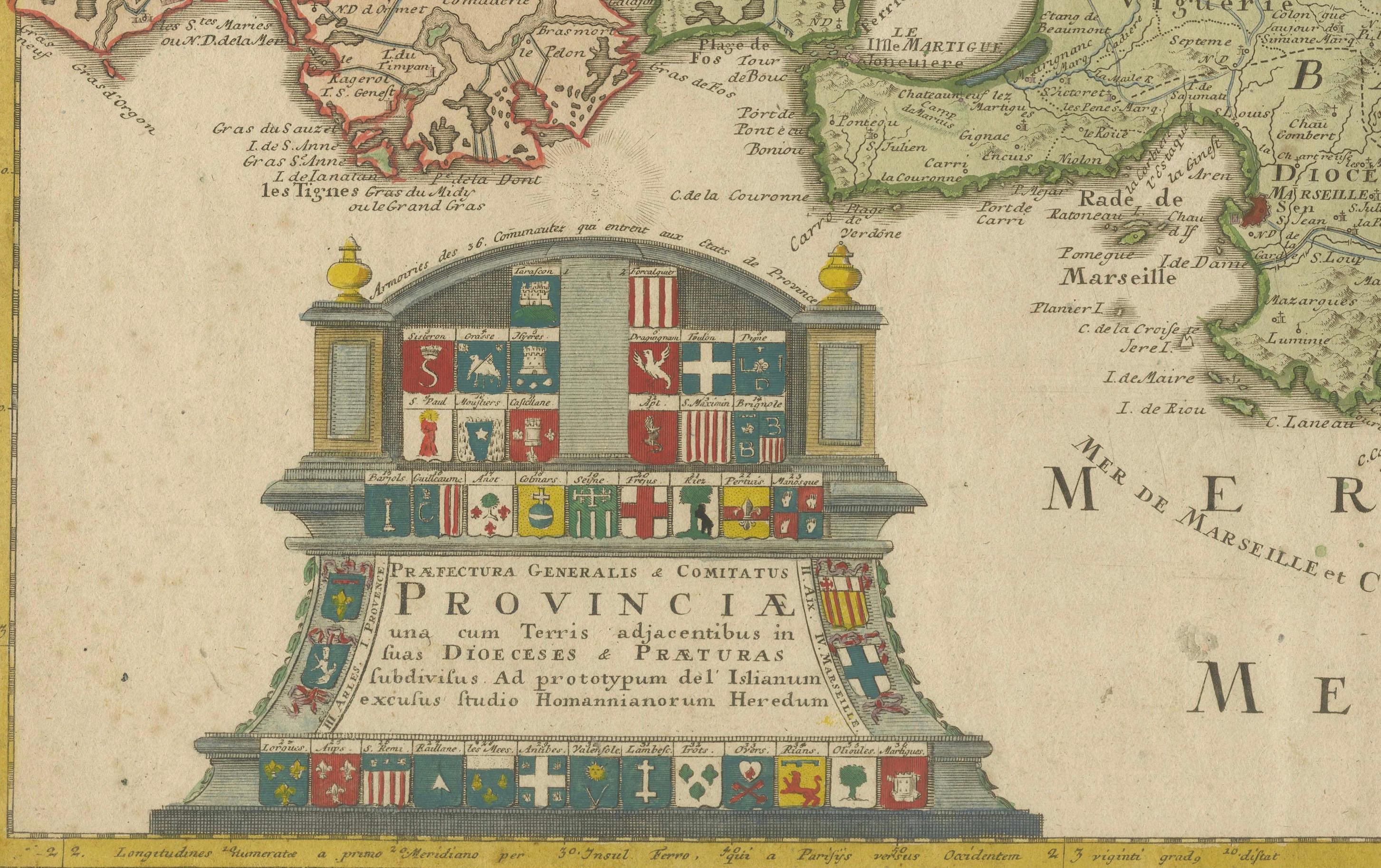 Metà XVIII secolo Provenza - Mappa antica colorata a mano della regione del Southern France, 1740 ca.