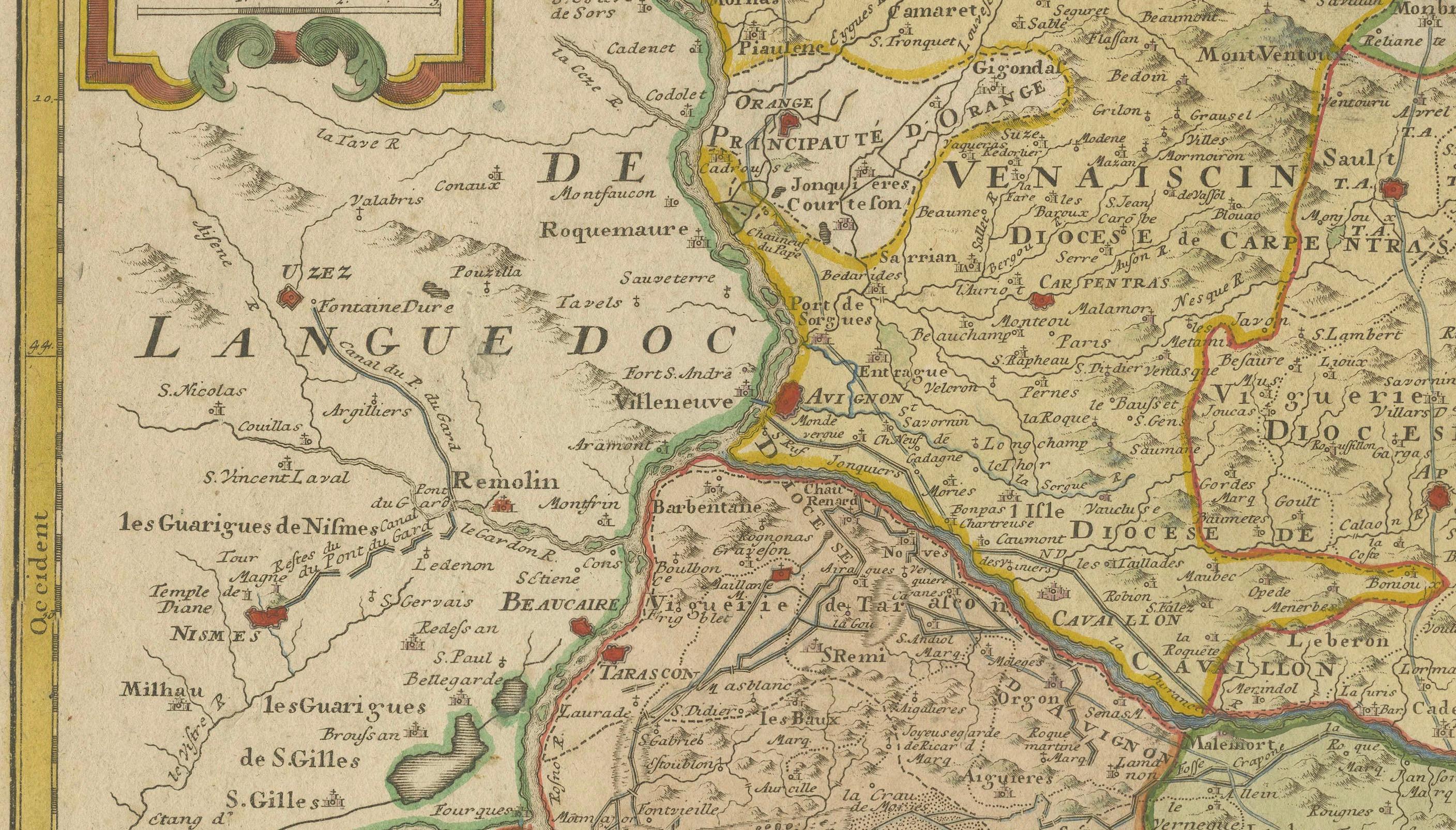 Carta Provenza - Mappa antica colorata a mano della regione del Southern France, 1740 ca.