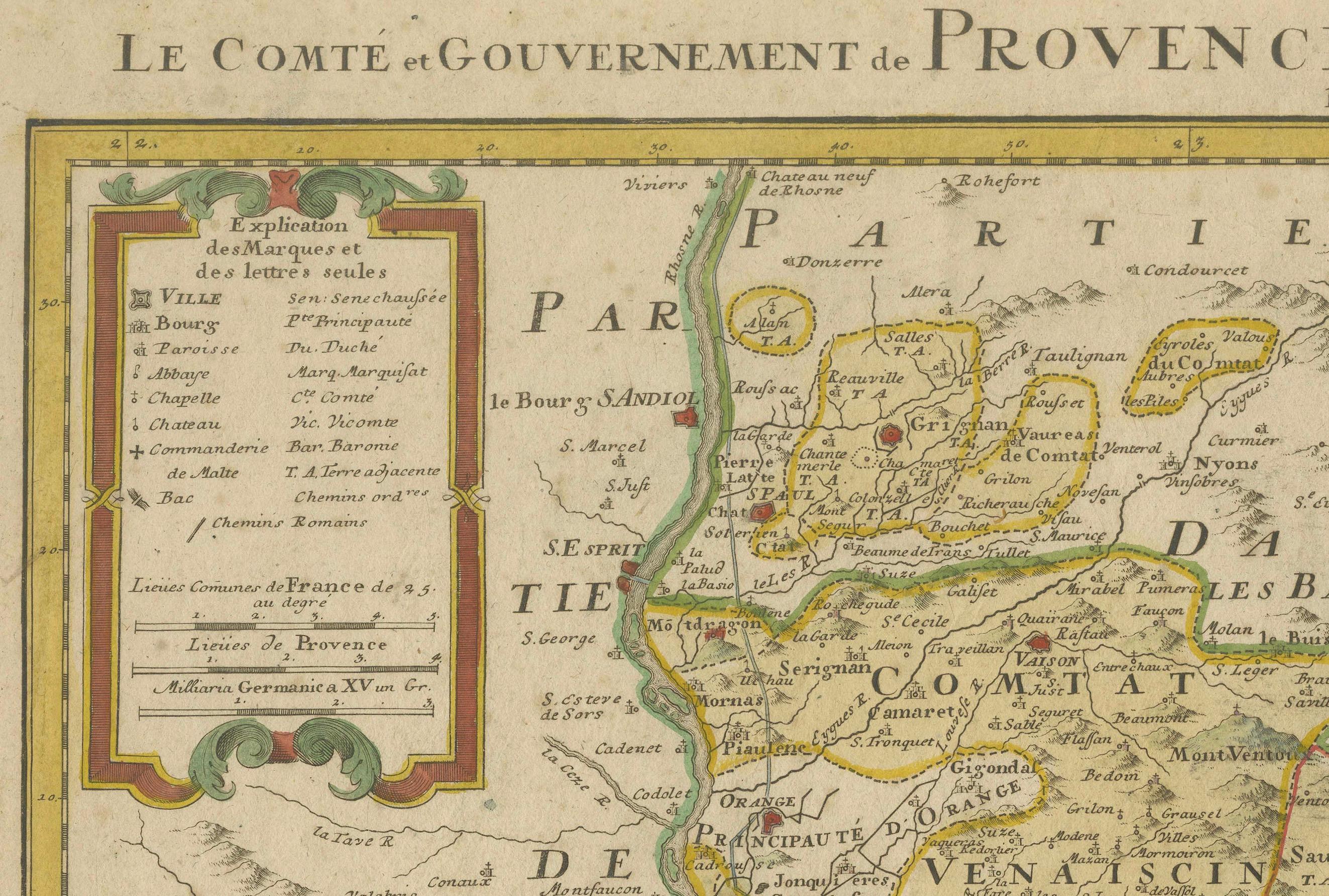 Provenza - Mappa antica colorata a mano della regione del Southern France, 1740 ca. 1