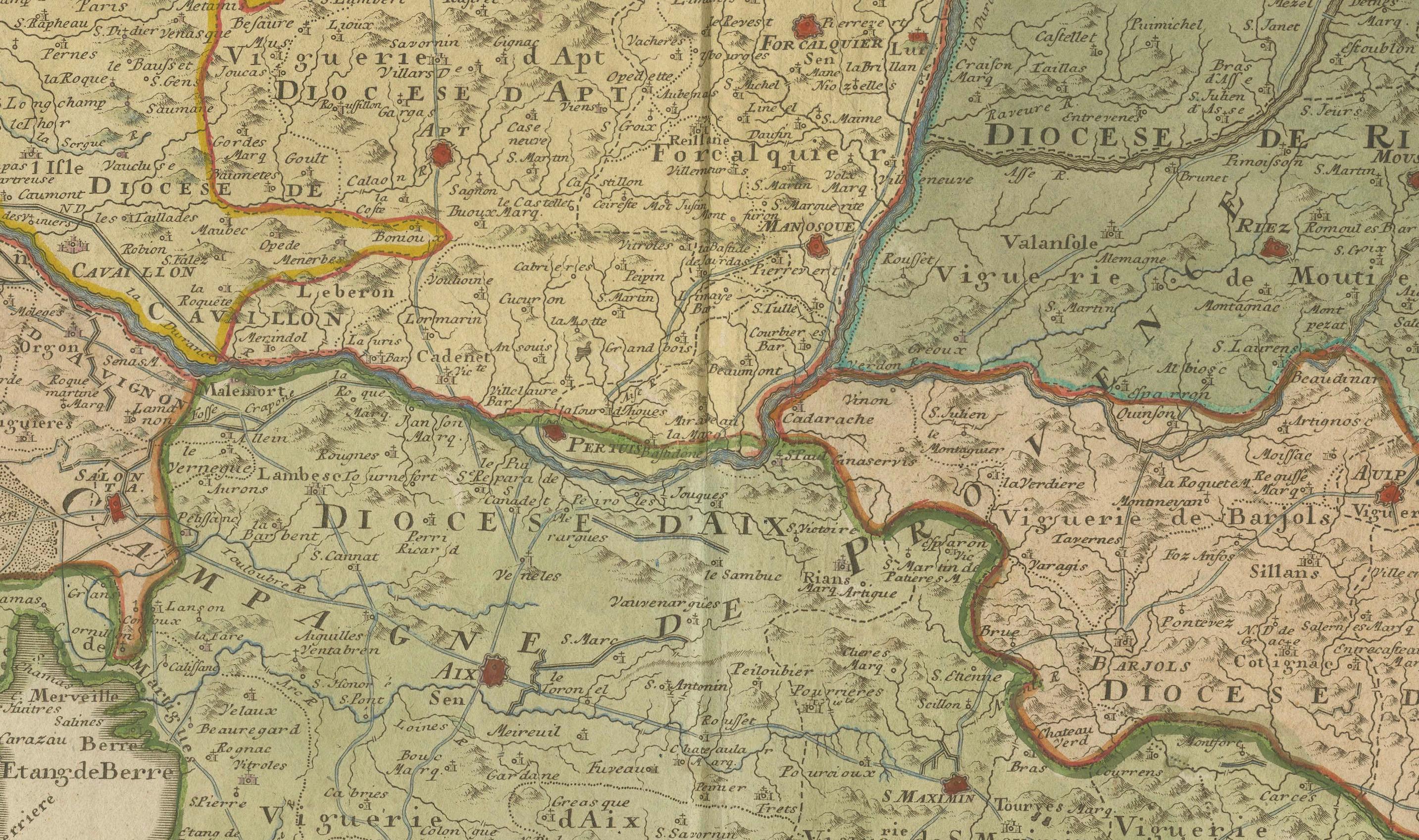 Provenza - Mappa antica colorata a mano della regione del Southern France, 1740 ca. 2