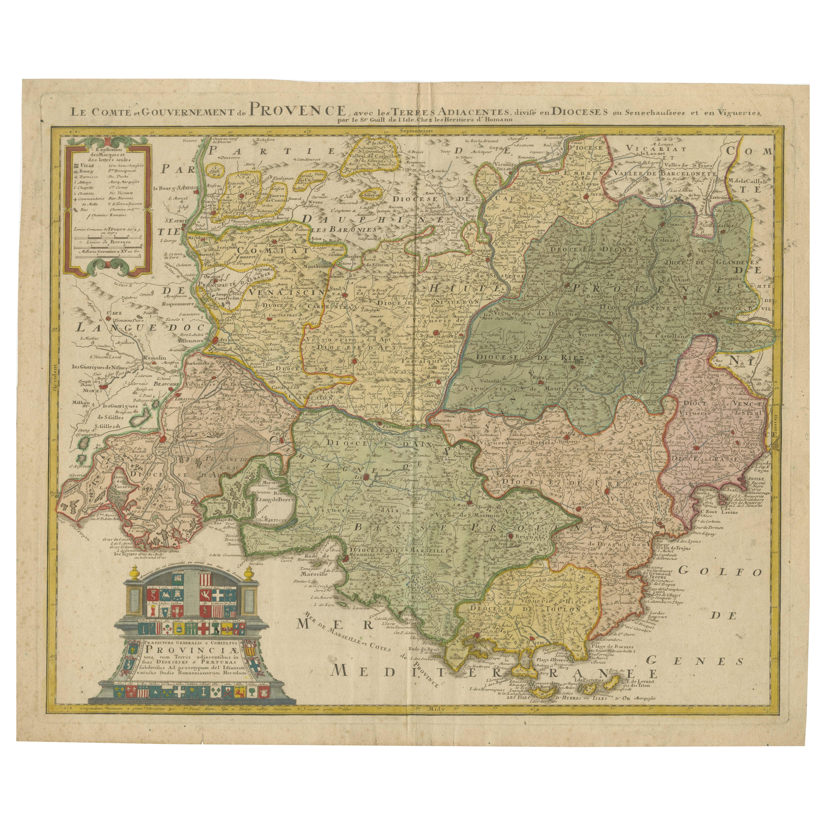 Provence – Antique Hand-Coloured Map of Southern France Region, c.1740
