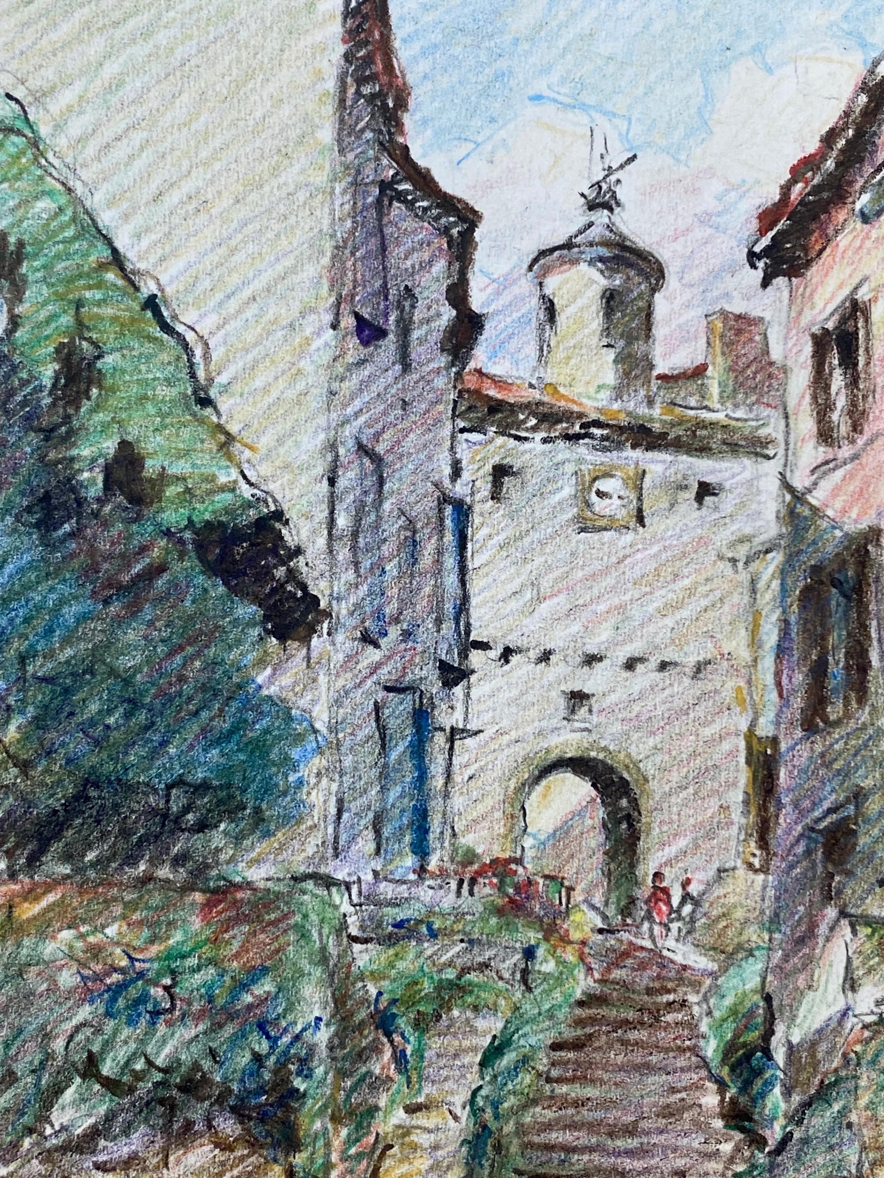 Provence Hill Top Town French Impressionist Crayon Drawing In Excellent Condition For Sale In Cirencester, GB