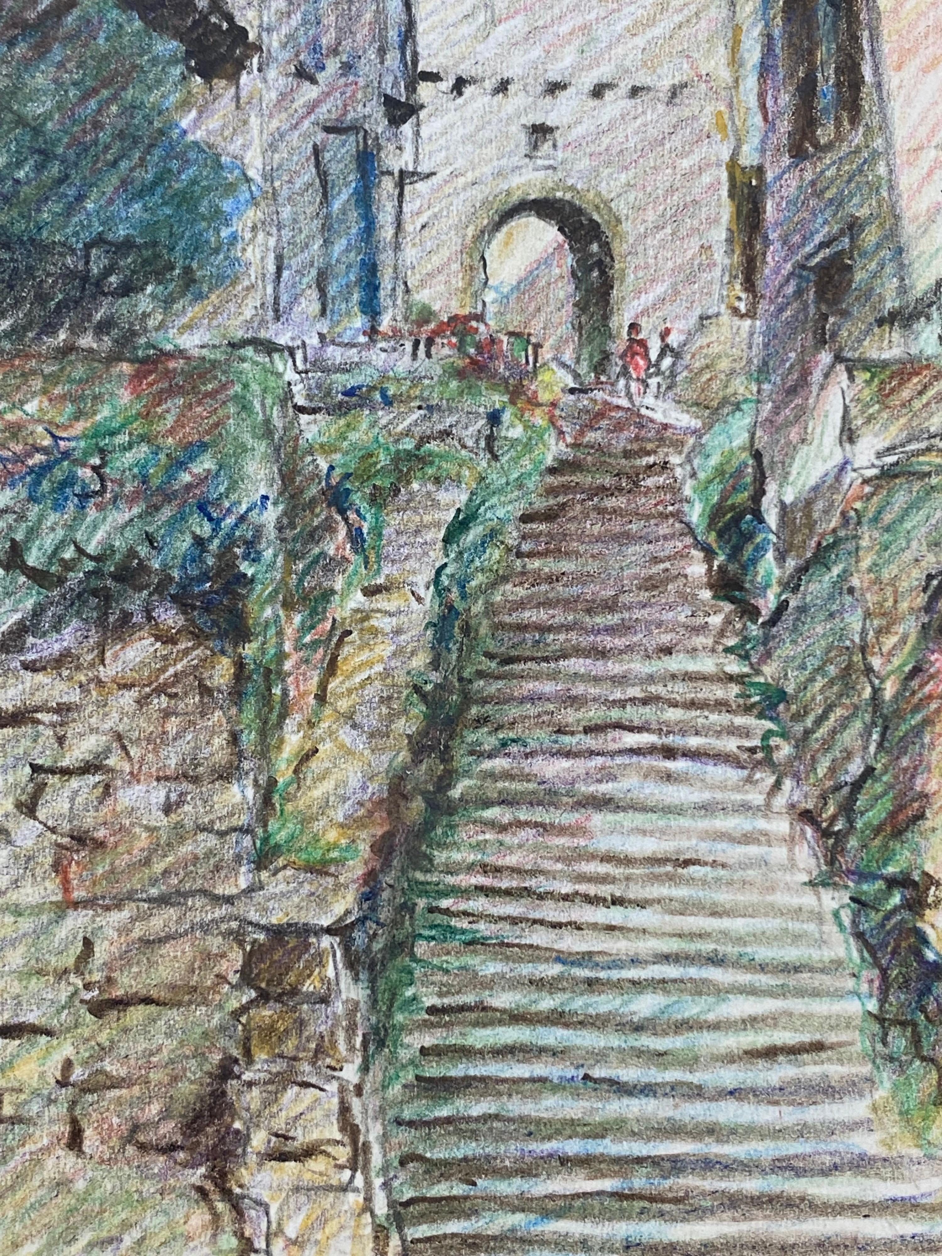 20th Century Provence Hill Top Town French Impressionist Crayon Drawing For Sale