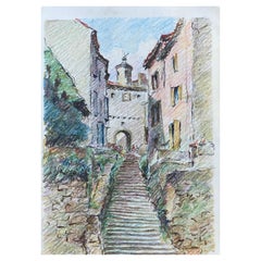 Französische impressionistische Crayon-Zeichnung, Provence, Hill Top Town