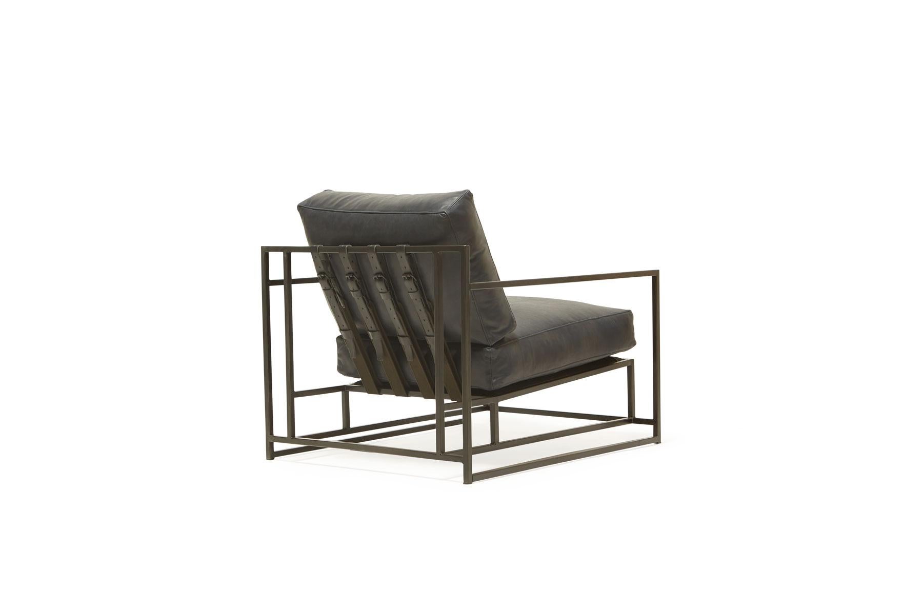 American Providence Blue Smoke Leather and Blackened Steel Armchair V2 For Sale