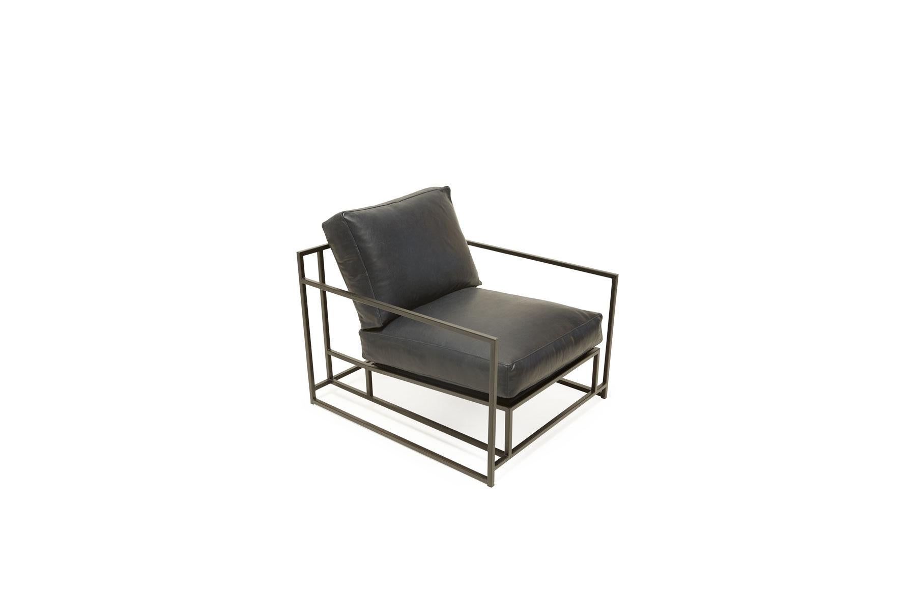 Contemporary Providence Blue Smoke Leather and Blackened Steel Armchair V2 For Sale