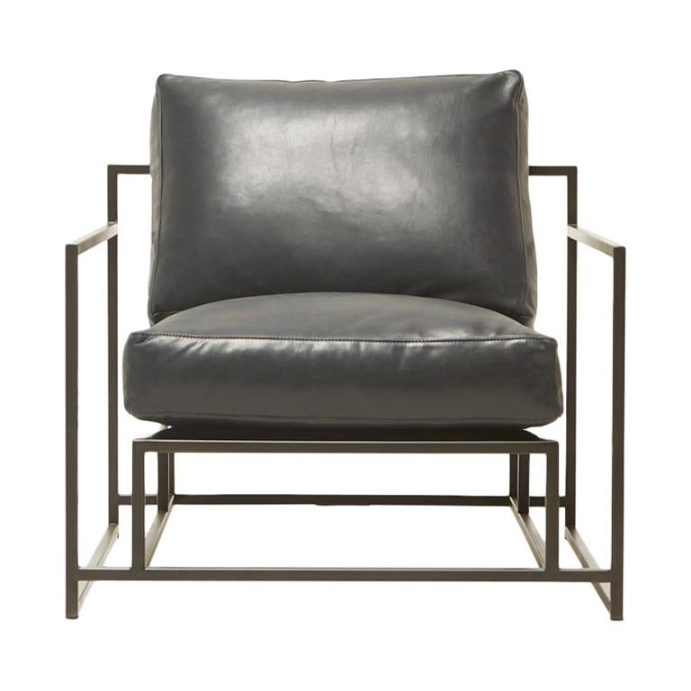 Providence Blue Smoke Leather and Blackened Steel Armchair V2 For Sale