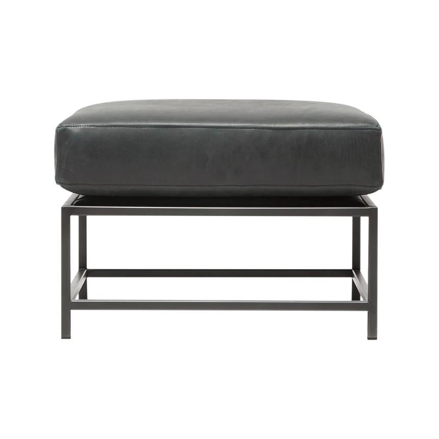 Providence Blue Smoke Leather and Blackened Steel Small Ottoman