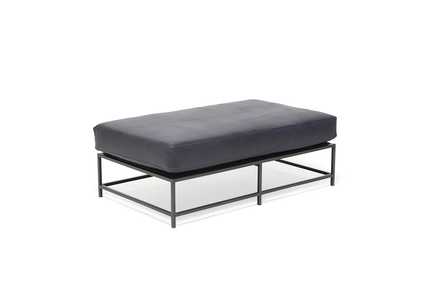 Modern Providence Blue Smoke Leather and Blackened Steel Bench For Sale