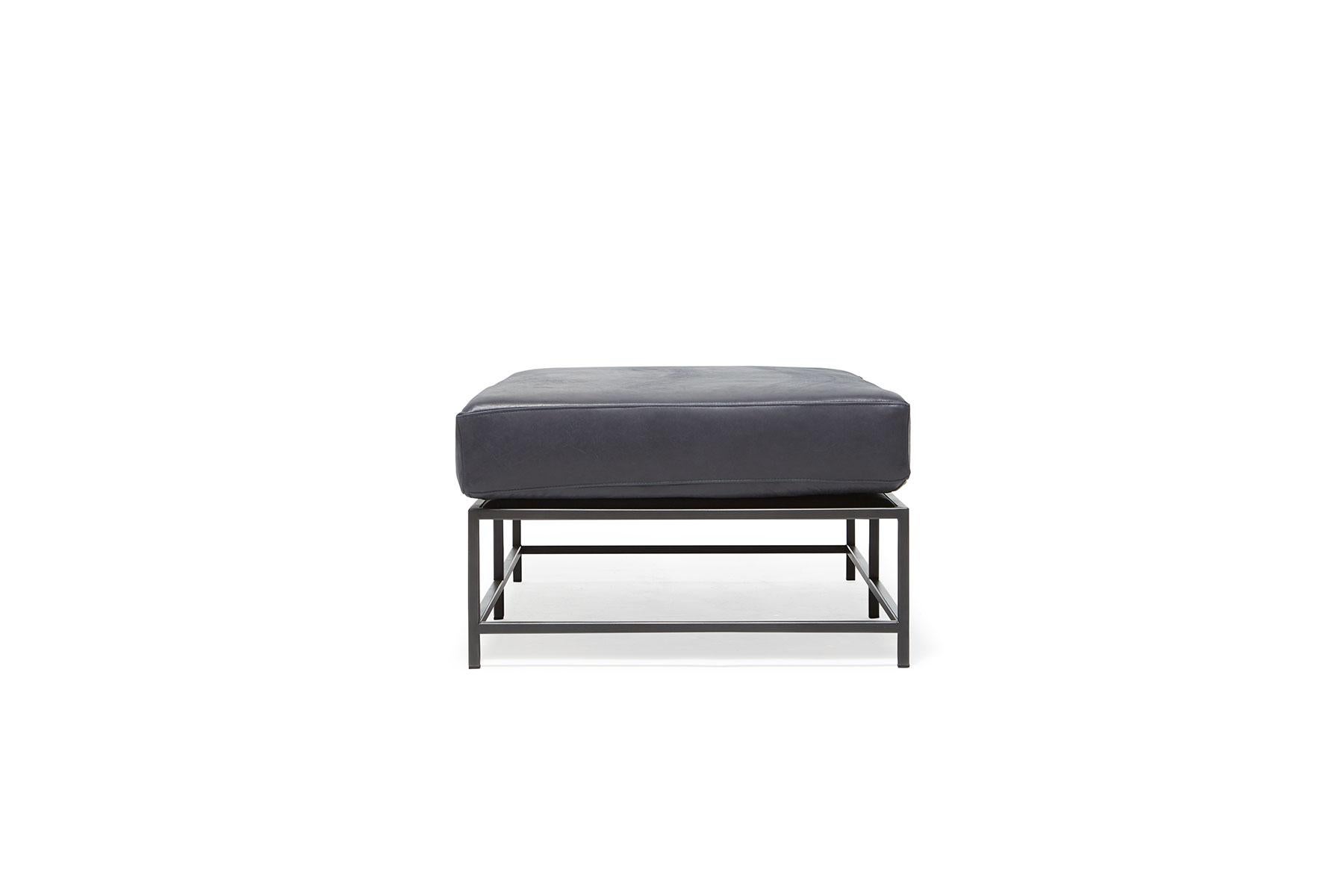 American Providence Blue Smoke Leather and Blackened Steel Bench For Sale