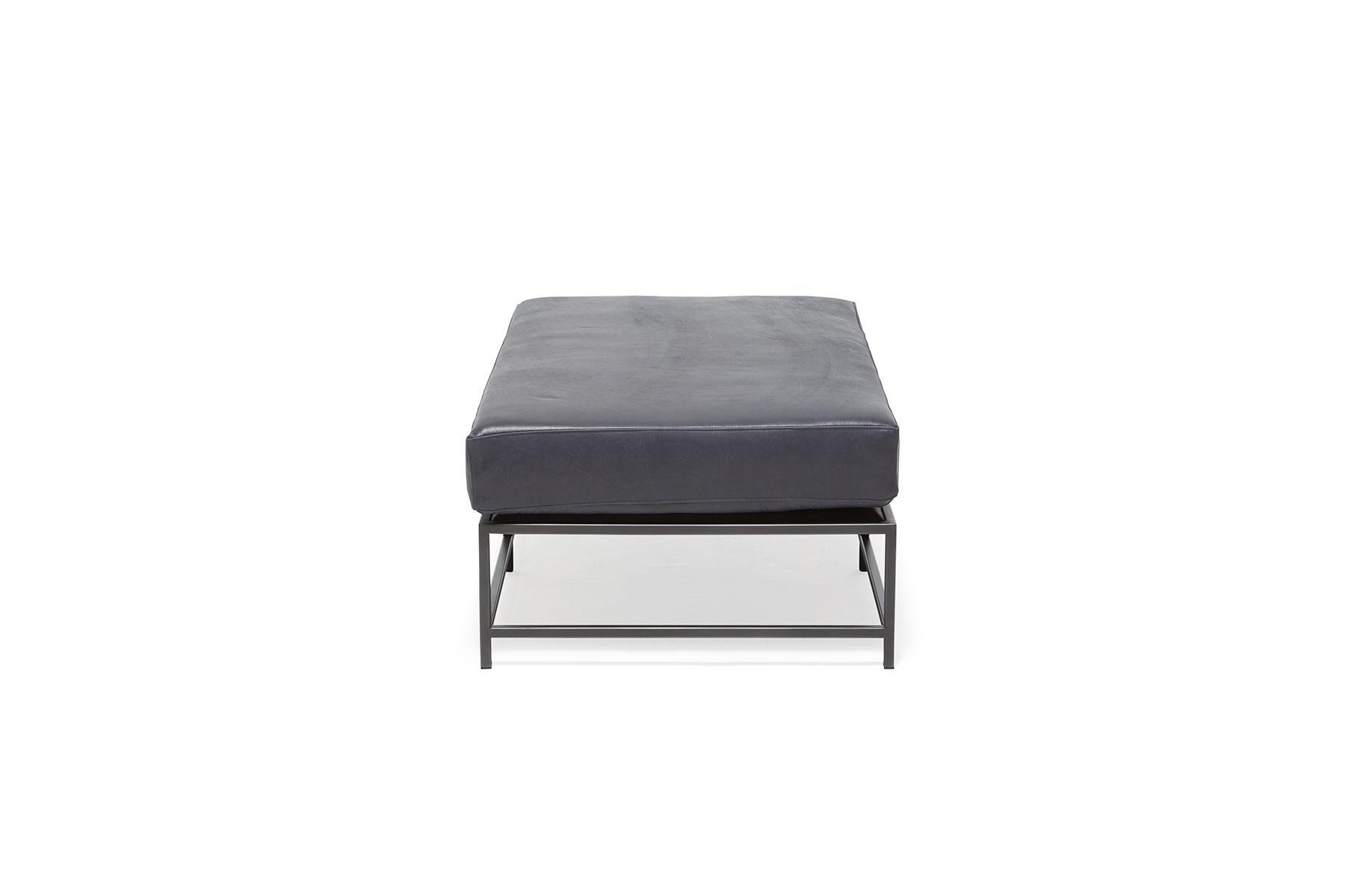 Metalwork Providence Blue Smoke Leather and Blackened Steel Bench For Sale