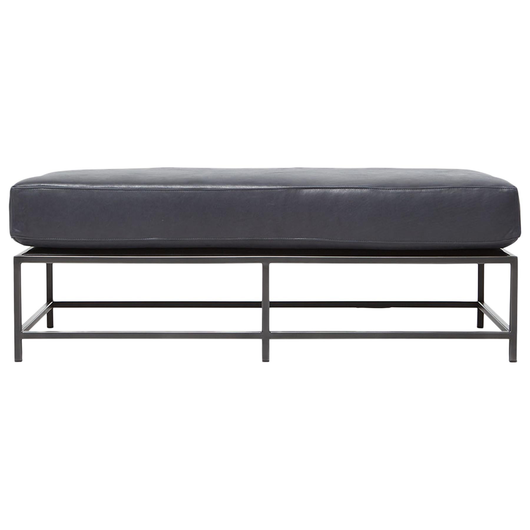 Providence Blue Smoke Leather and Blackened Steel Bench For Sale