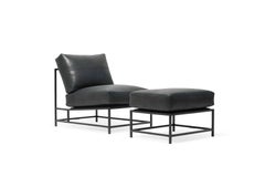 Providence Blue Smoke Leather and Blackened Steel Chair and Ottoman Set