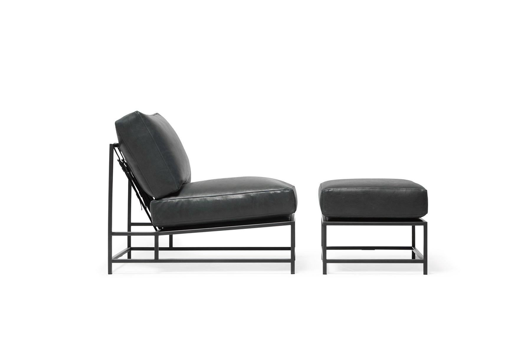 Modern Providence Blue Smoke Leather and Blackened Steel Chair and Ottoman Set For Sale