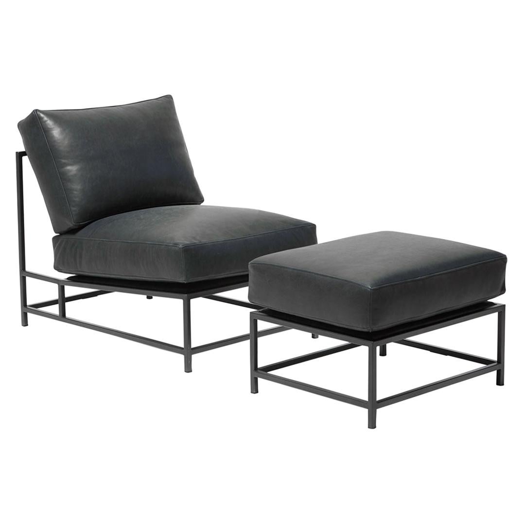 Providence Blue Smoke Leather and Blackened Steel Chair and Ottoman Set For Sale