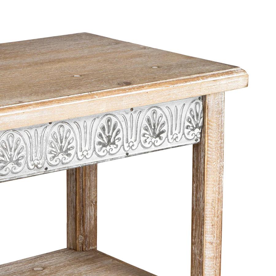 A stunning feature apron decorated in delicate and skilfully distressed French style carving, gives this very functional 2-shelf hall table a huge pop of charm and appeal. The embossed apron is set against a solid wooden frame with a white wash