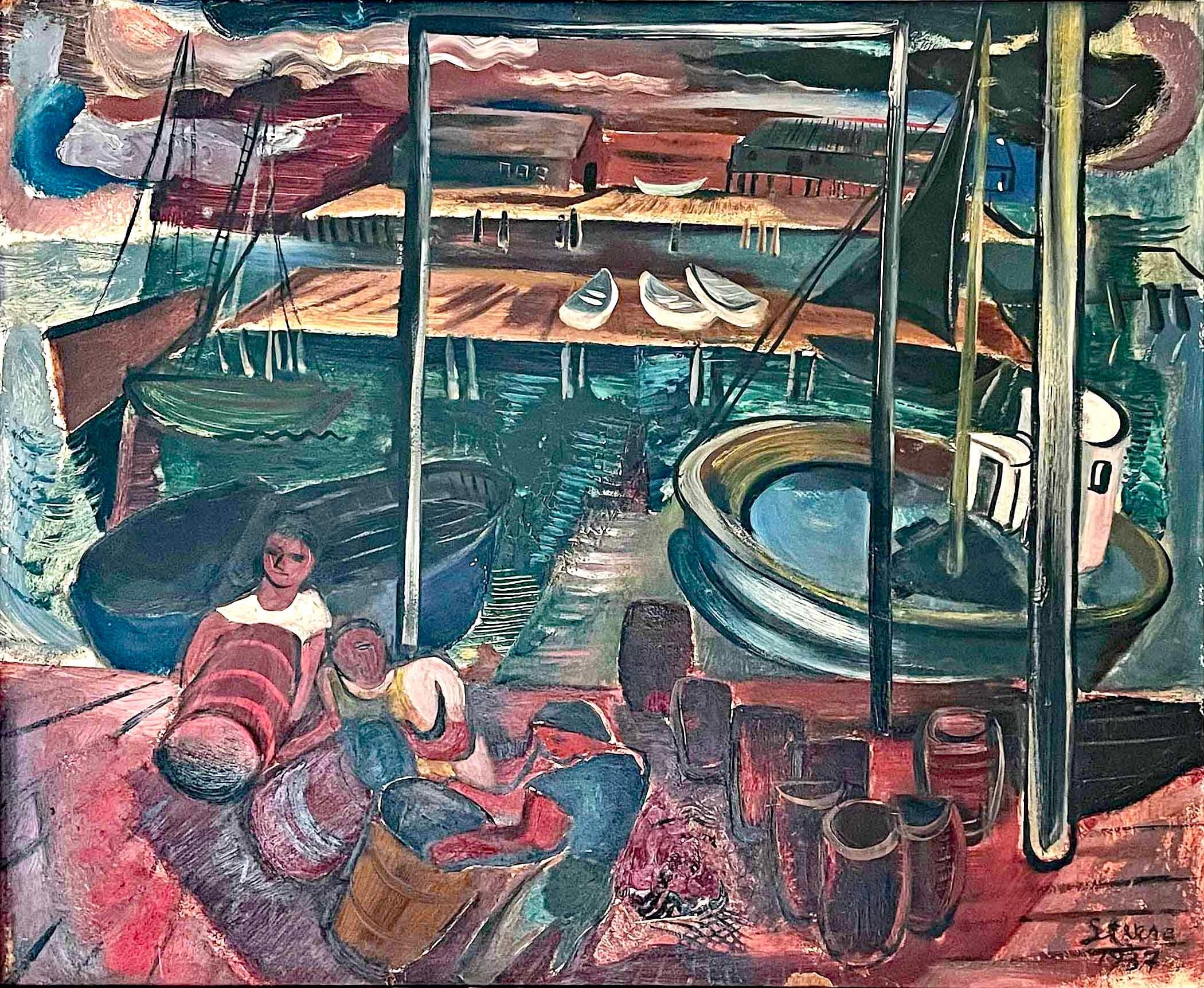A superb example of WPA-era painting that celebrates the American worker, this dockside scene in Provincetown, Massachusetts by Maurice Sterne depicts several fishermen handling their catch after a day in the waters around Cape Cod, all in a rich,