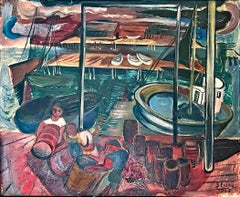 "Scena del molo di Provincetown", dipinto del periodo WPA con pescatori di Sterne in rosso e blu