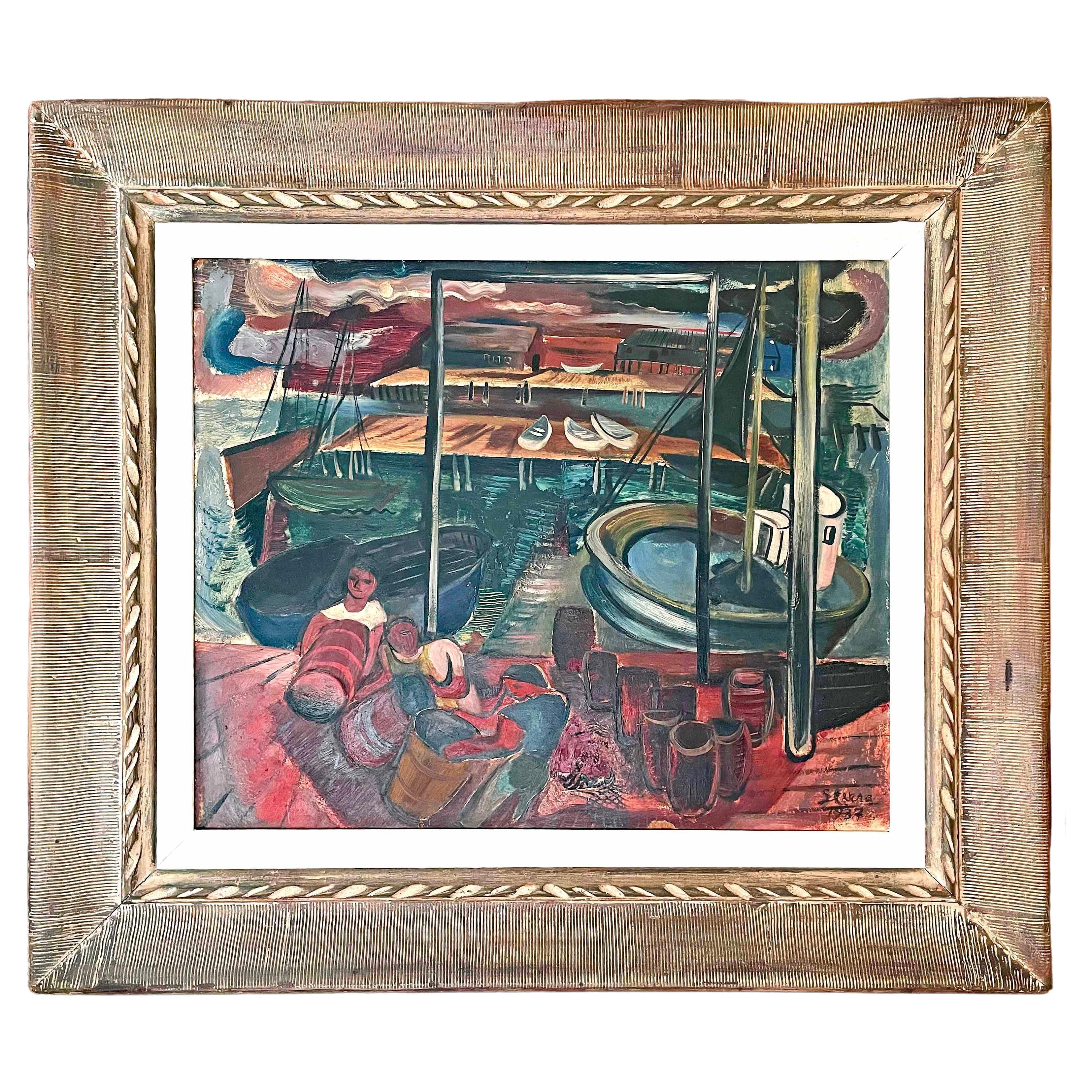 "Provincetown Dock Scene," WPA-Era Painting w/ Fishermen by Sterne in Red & Blue