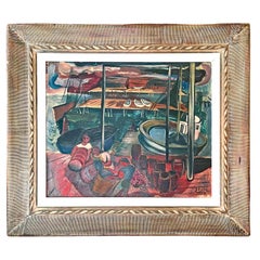 "Provincetown Dock Scene, " WPA-Era Painting w/ Fishermen by Sterne in Red & Blue