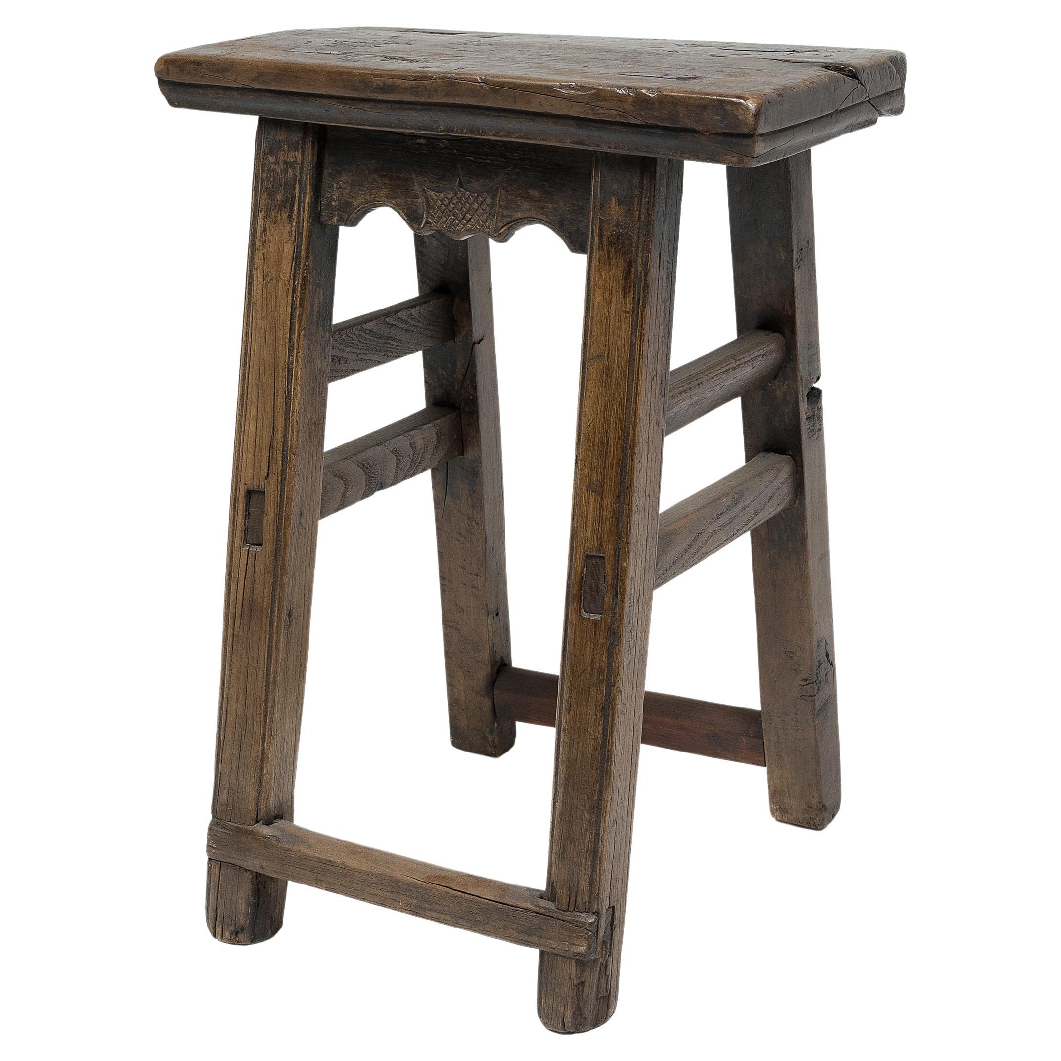 Set Of Four Rustic Oak Joinery Work Stools With Turned Legs, English Circa  1880.