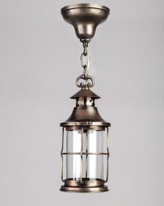 Darkened Nickel Lantern with Cage Form Body and Clear Glass Cylinder, c. 1930s