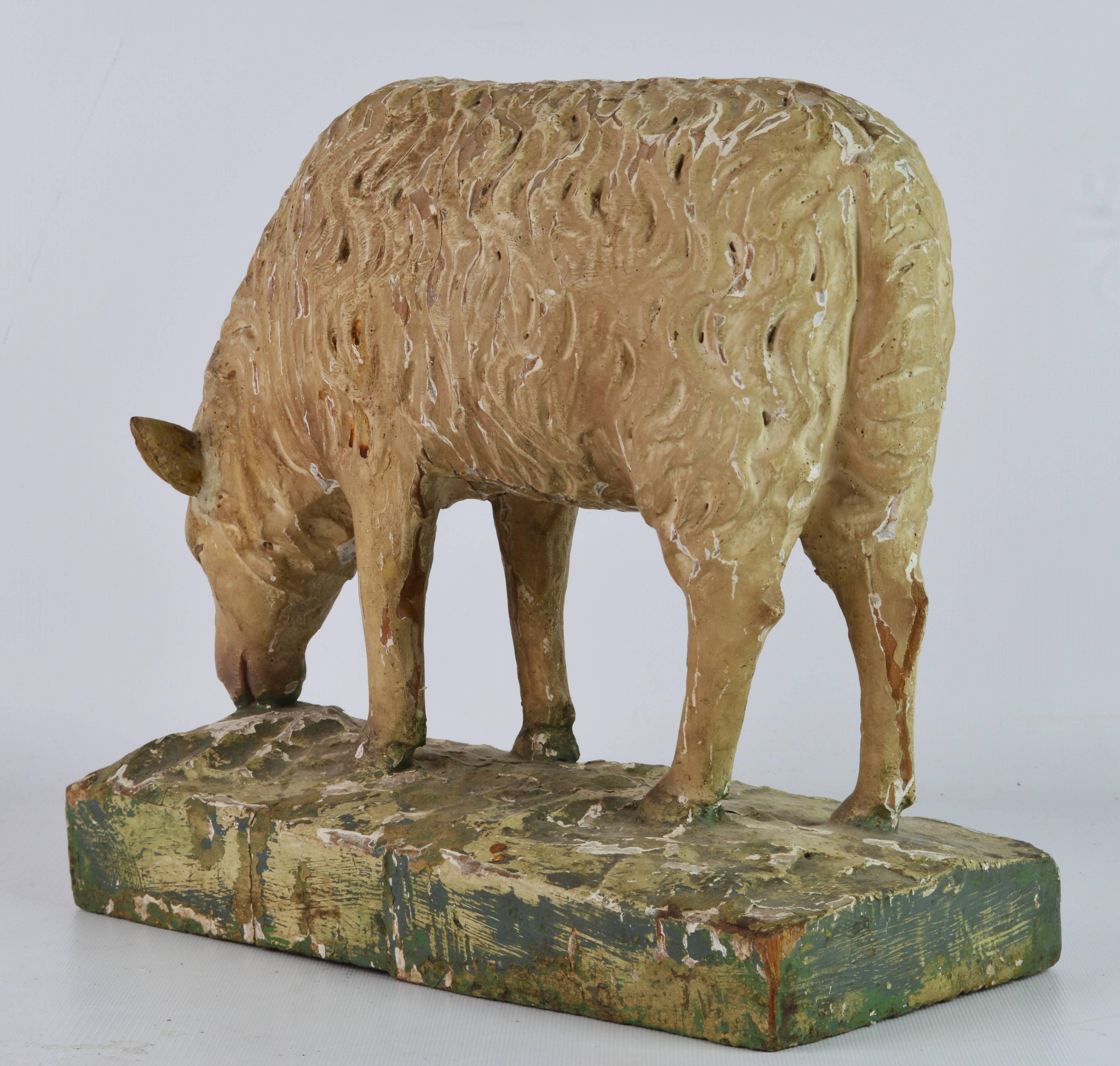 French Provincial Early 19th Century Carved Grazing Sheep Retaining Original Paint