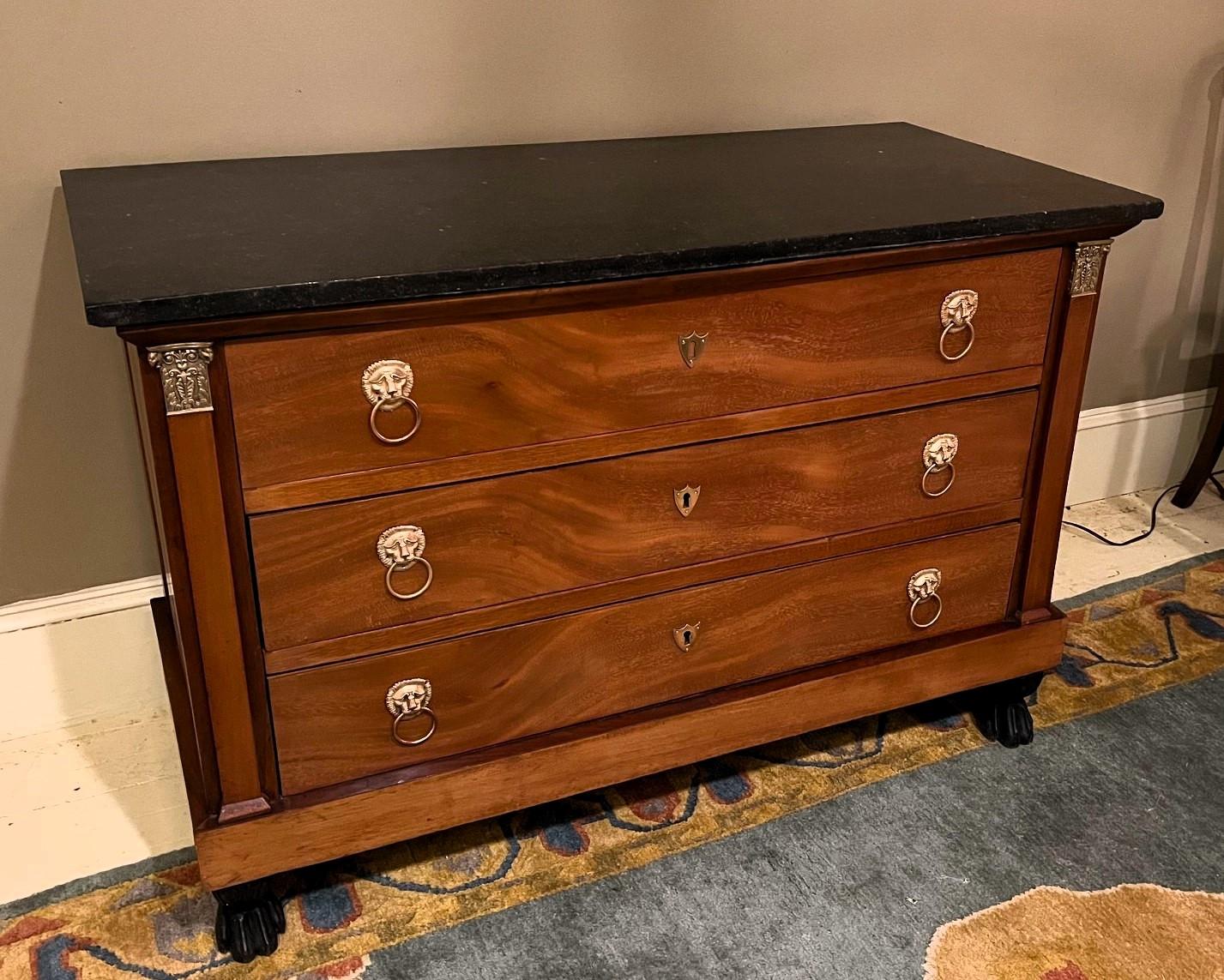 This handsome 3-drawer commode has an incomparable restrained beauty. While it has all the design elements of French Empire furniture, the application is more provincial than Parisian made pieces. The design makes this commode a perfect fit with