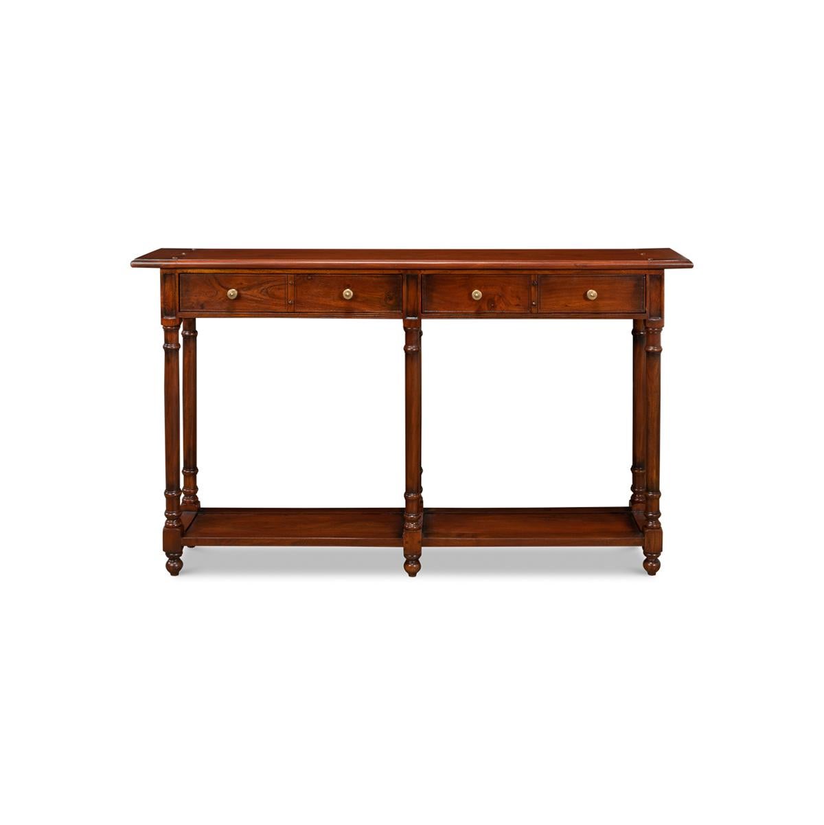 Provincial French directoire console table with traditional walnut stain finish, aged bronze knobs, a molded top edge, frieze drawers, turned legs and a lower shelf stretcher base.

Dimensions: 60