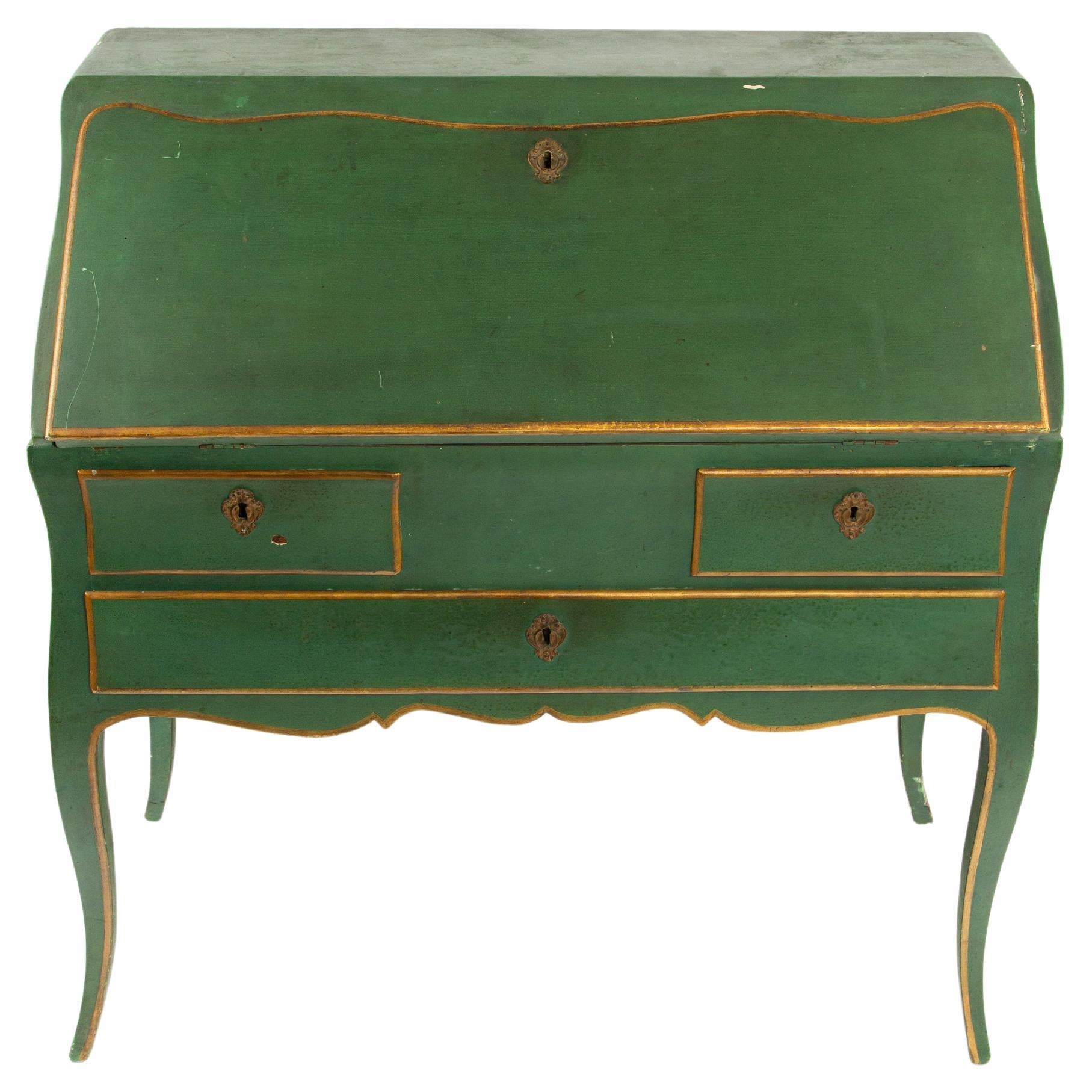 Scrivania provinciale a ribalta dipinta di verde con scomparto segreto in vendita