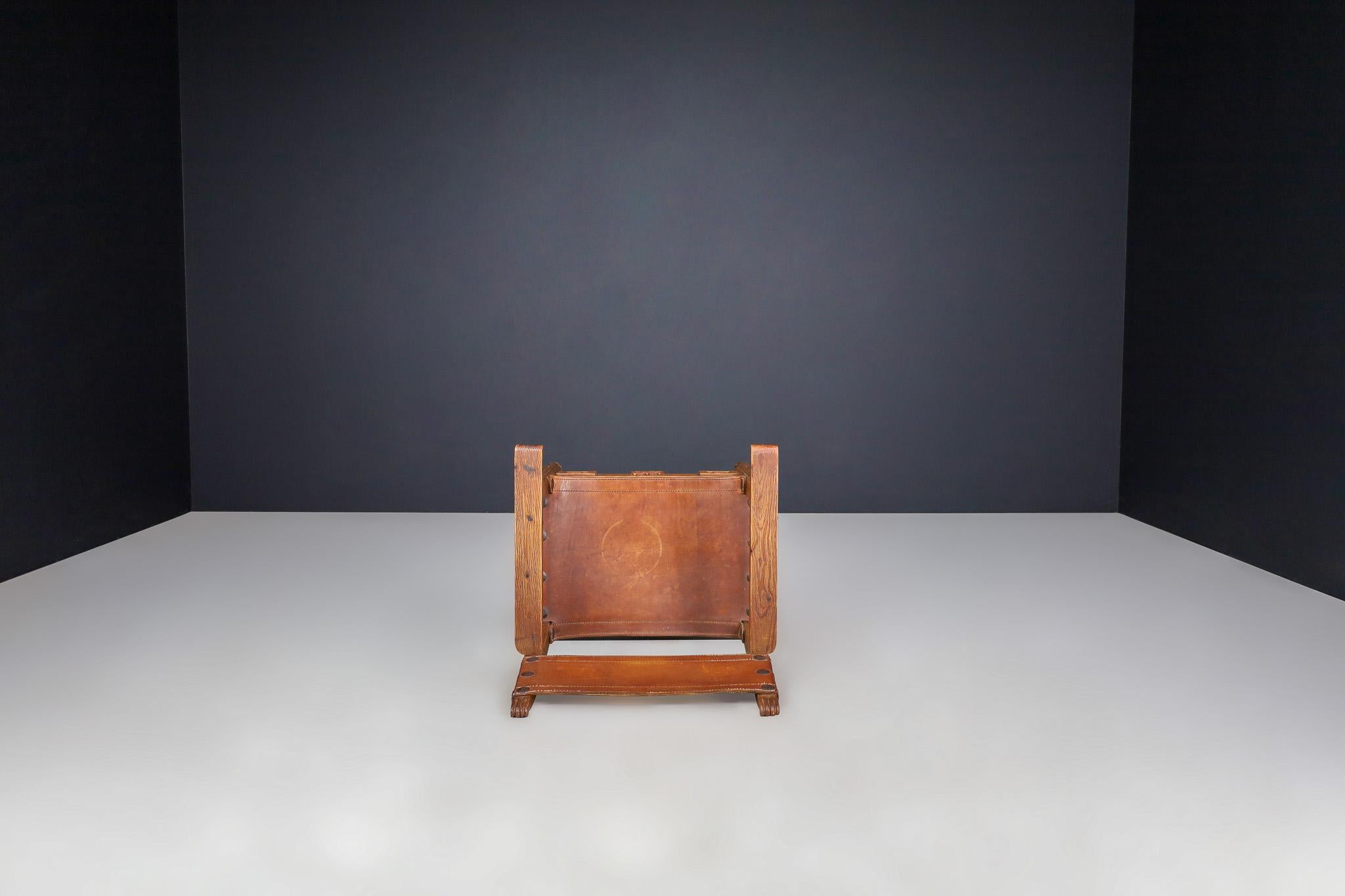 Provincial Mid-Century Armchairs in Patinated Cognac Saddle Leather, France 1950 For Sale 3