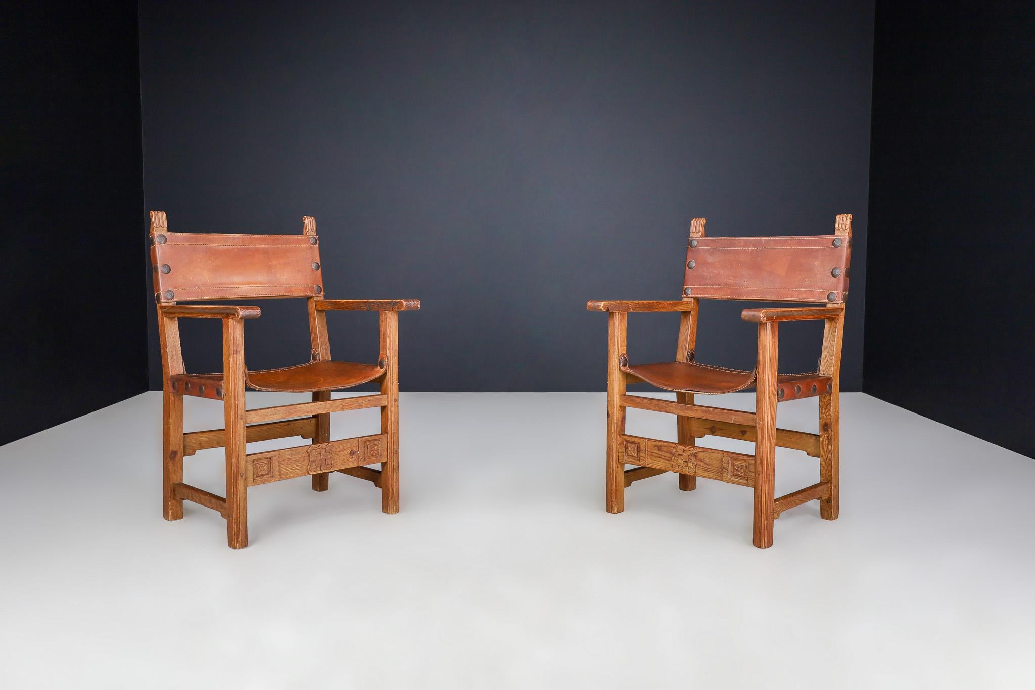 Mid-Century Modern Provincial Mid-Century Armchairs in Patinated Cognac Saddle Leather, France 1950 For Sale