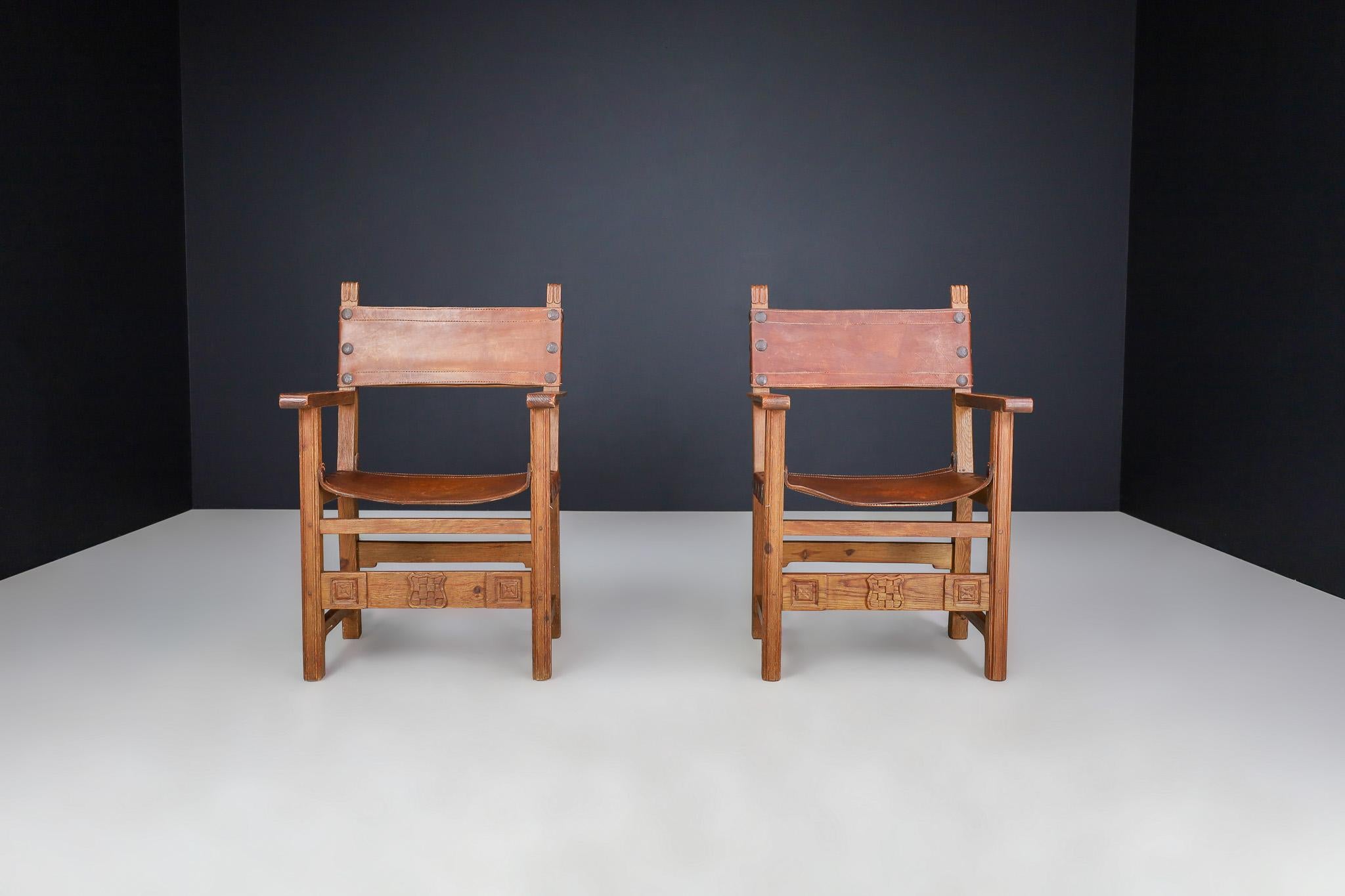 French Provincial Mid-Century Armchairs in Patinated Cognac Saddle Leather, France 1950 For Sale