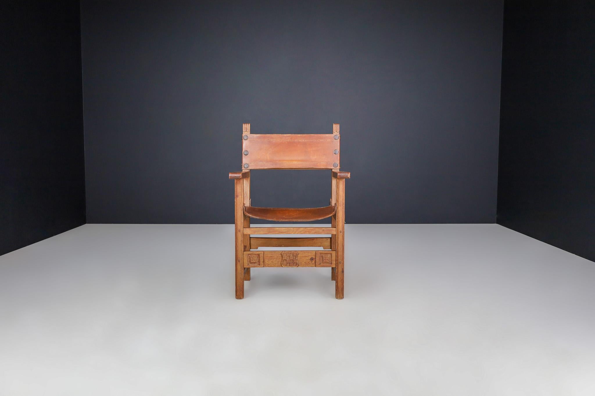 Wood Provincial Mid-Century Armchairs in Patinated Cognac Saddle Leather, France 1950 For Sale