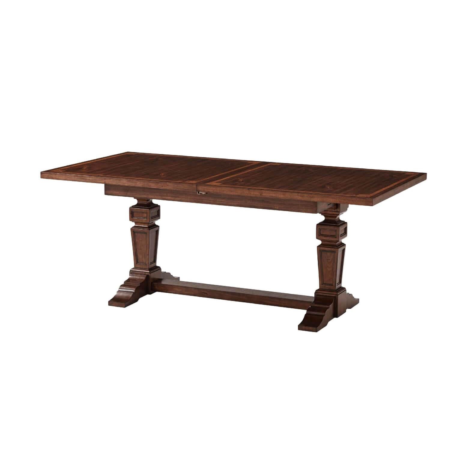Provincial walnut veneered crossbanded neoclassic extending dining table on carved square tapered trestle ends joined by a stretcher.

Dimensions: 120
