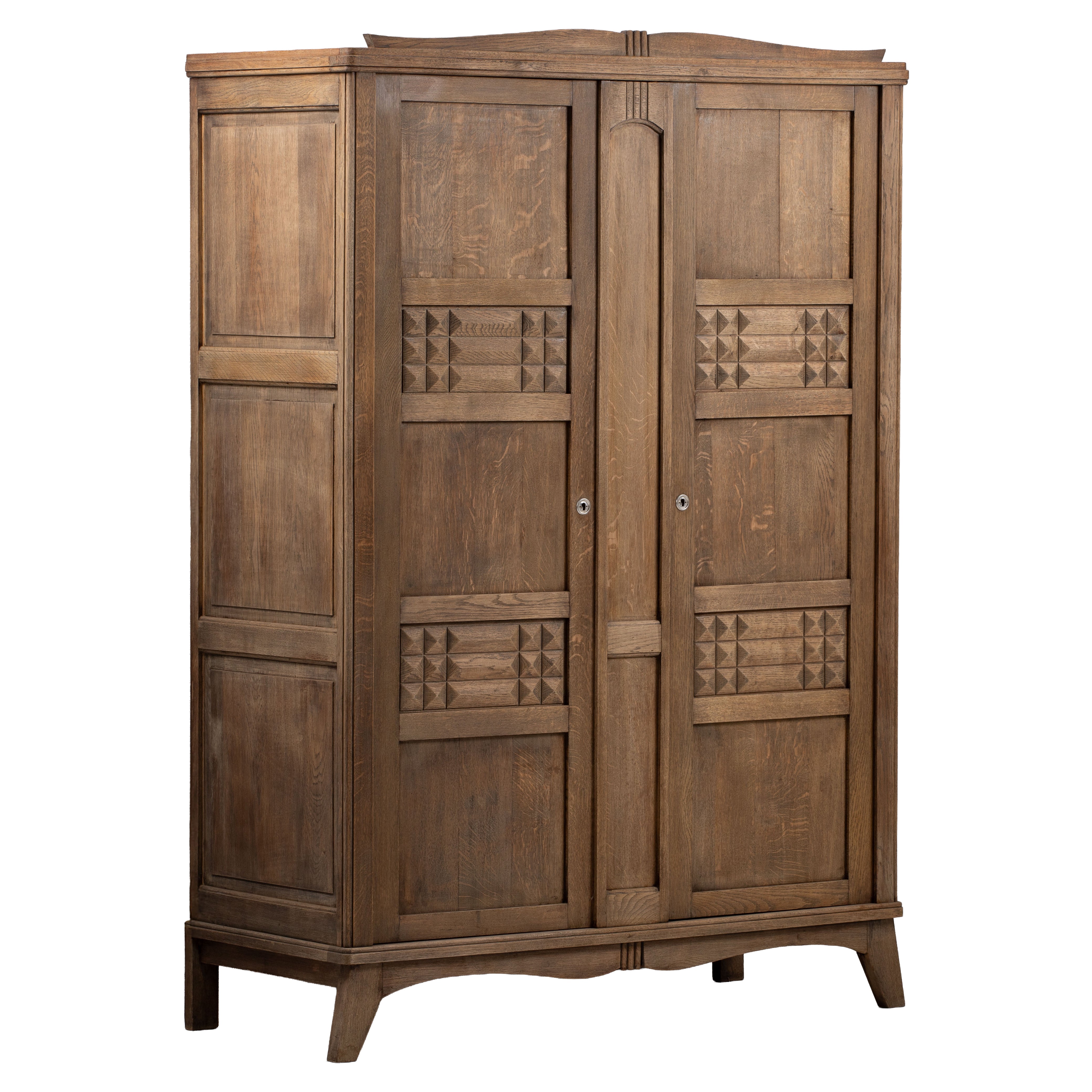 Provincial Oak Armoire with Raised Panel Doors, France, 1940s