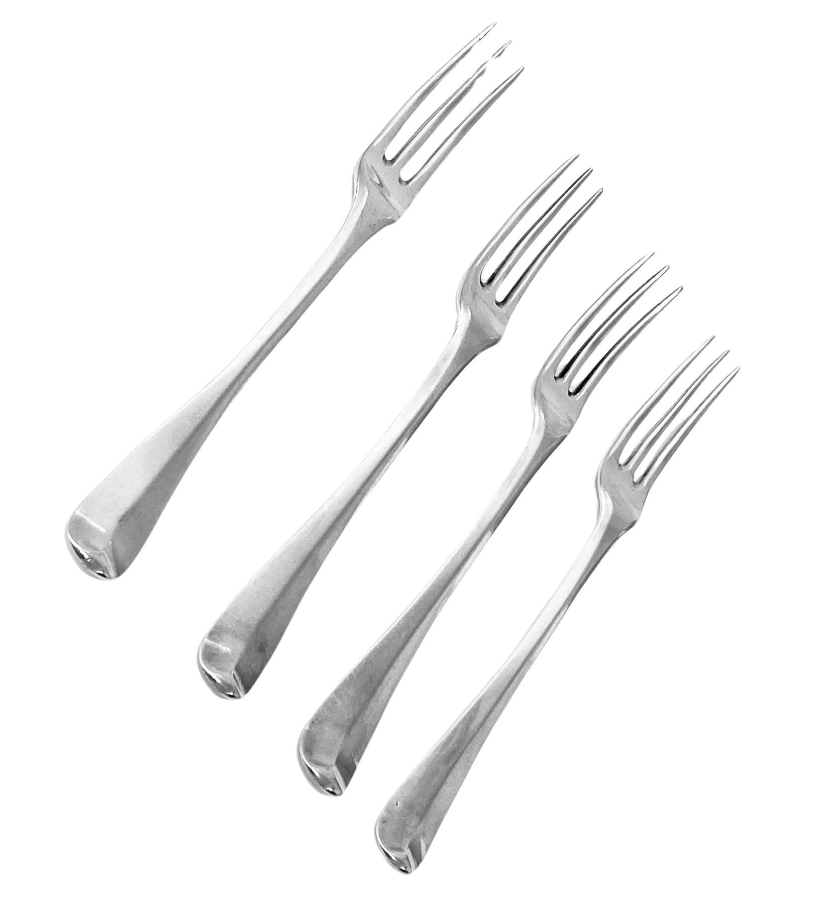 Rare 18th century Provincial or Channel Island Hanoverian Forks, possibly Pierre Maingy Guernsey C. 1760. This set of 4 forks, three tines, are extremely rare, struck thrice with maker’s mark PM and crest that of demi lion rampant holding between