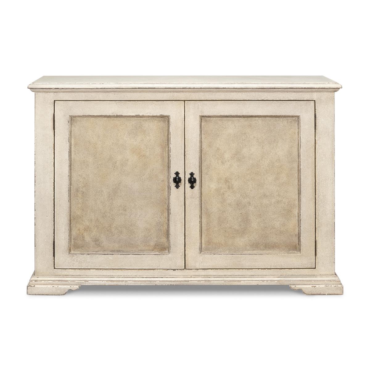 A French Provincial painted credenza with two tones of textured and antiqued rustic paint, the two-door cabinet interior fitted with shelves and a single drawer. Raised on bracket feet.

Dimensions: 60