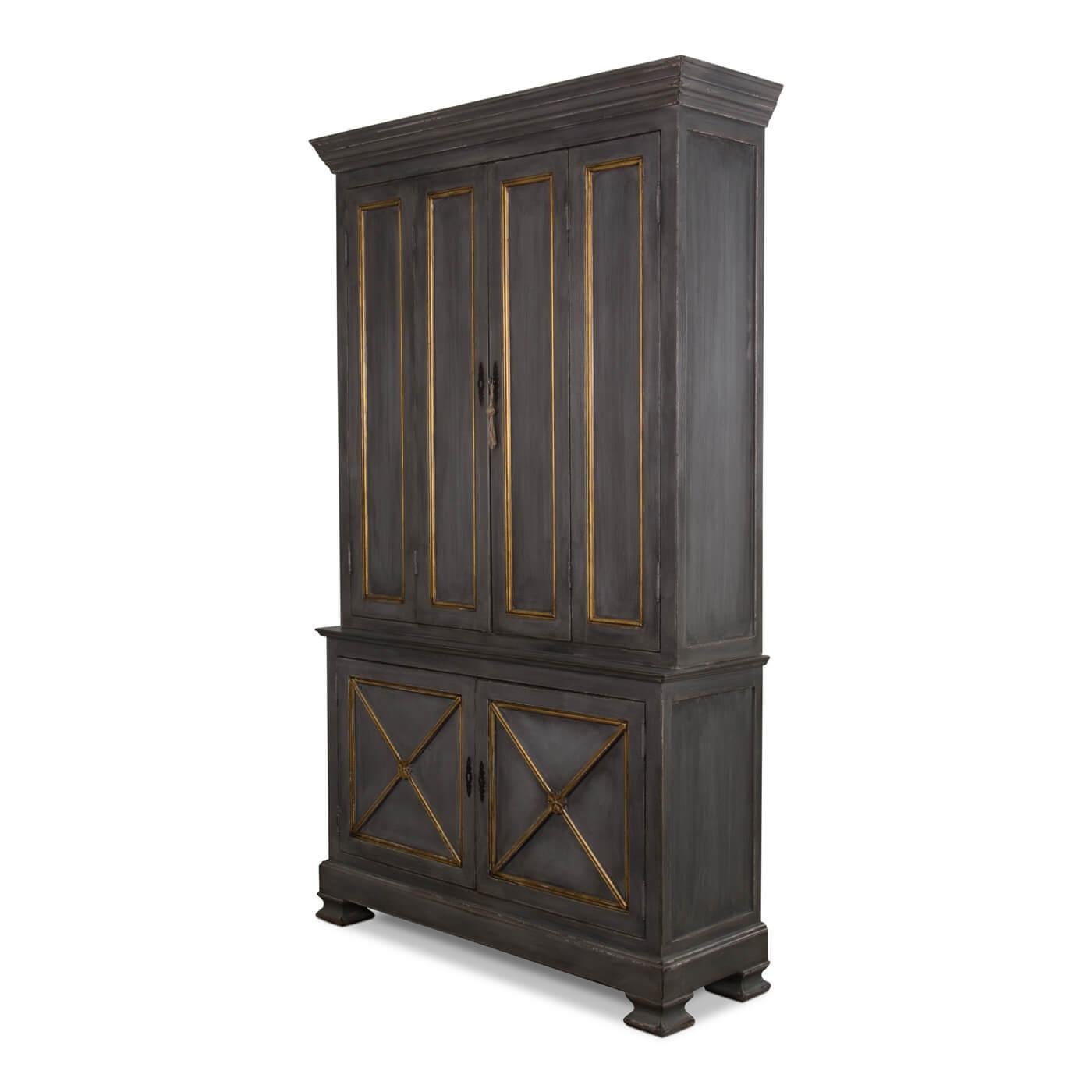 French-inspired Provincial painted tall bookcase or cabinet in dark grey with gold-painted accents. This beautiful cabinet is inspired by an 18th-century French antique. 

The upper cabinet has bi-fold doors and when open reveals a light