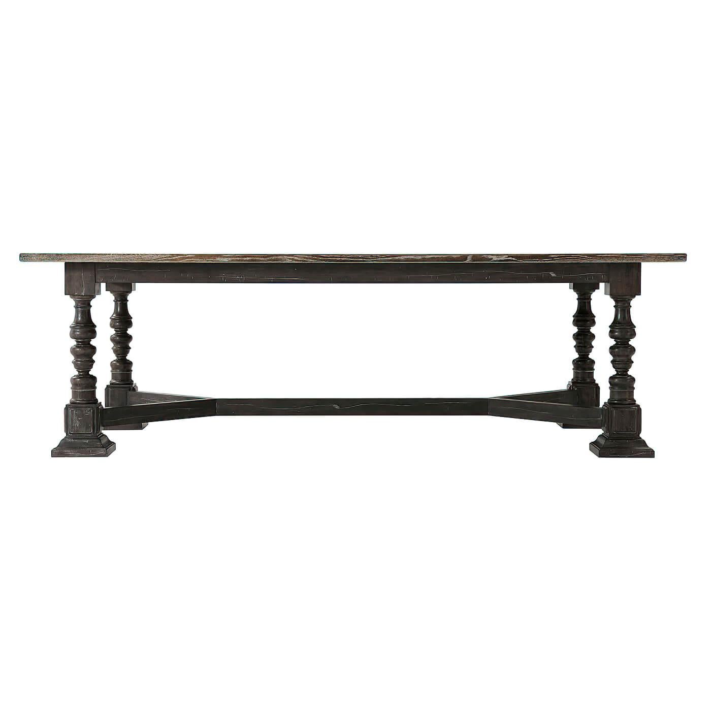 A rustic provincial Oak rectangular dining table with a cerused caramel antiqued finish on turned legs with pedestal bases and joined by a stretcher. Comfortably seats 8.

Dimensions: 96