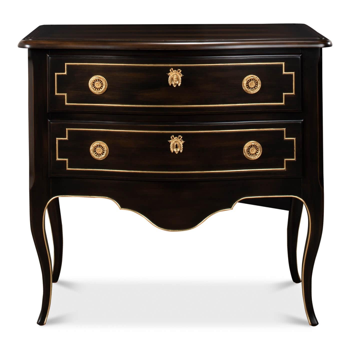 European provincial serpentine dresser, this two-drawer chest, with a walnut handpainted elegant 