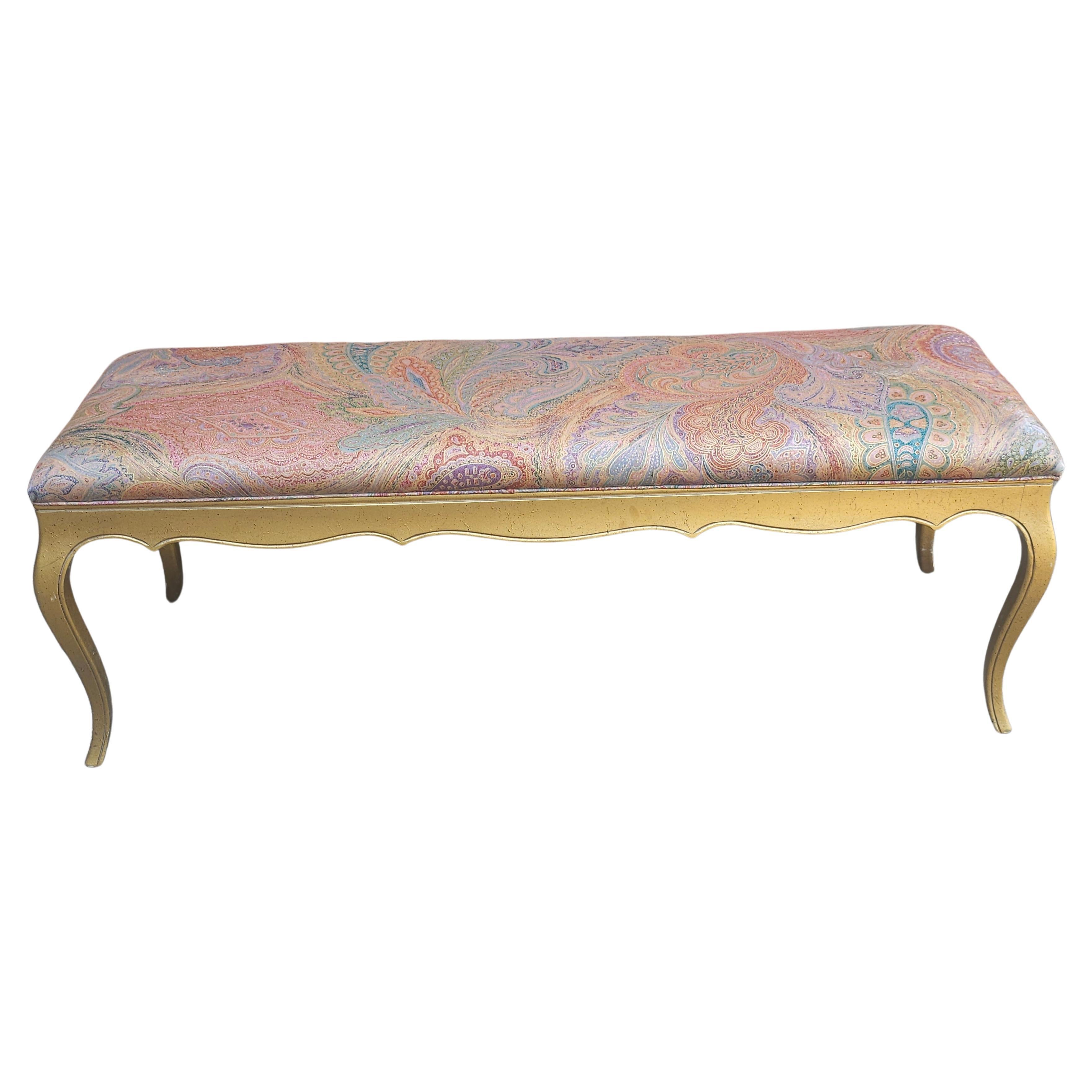 A French Provincial Style Giltwood and Upholstered Bench . Measures 51