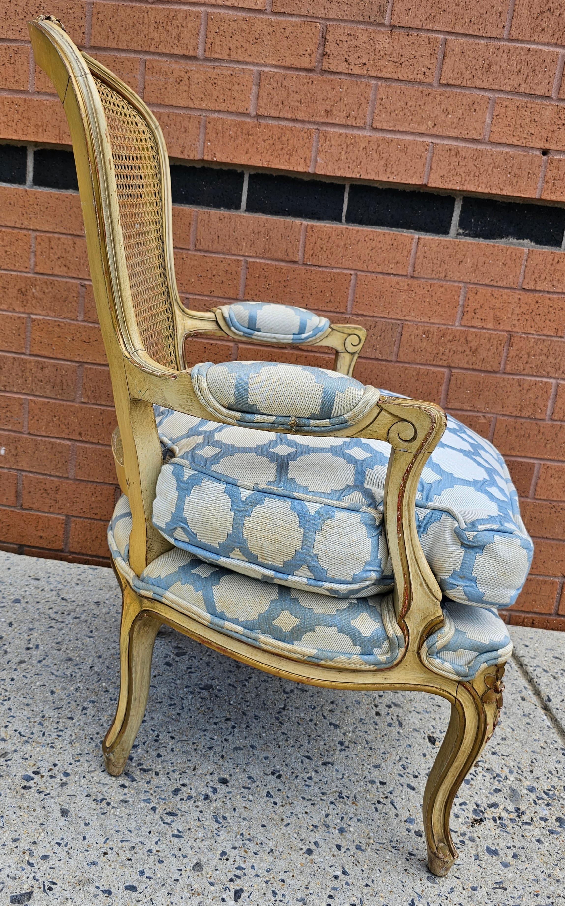 Provincial Yellowish Enamel, Caned Back And Upholstered Seat Bergere Chair For Sale 3